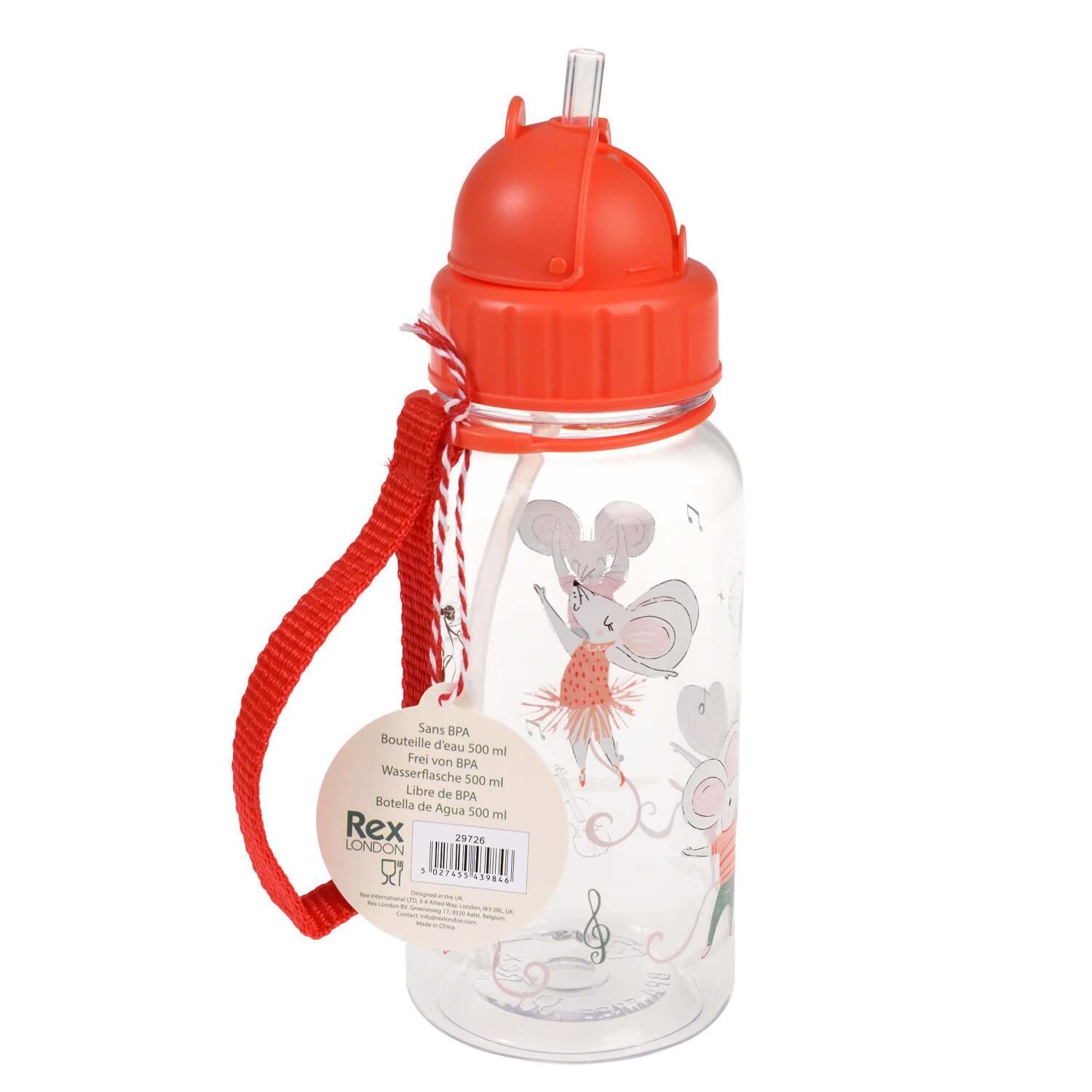 Kinder-Trinkflasche mit Trinkhalm, transparent, orange Deckel, Rückseitenetikett