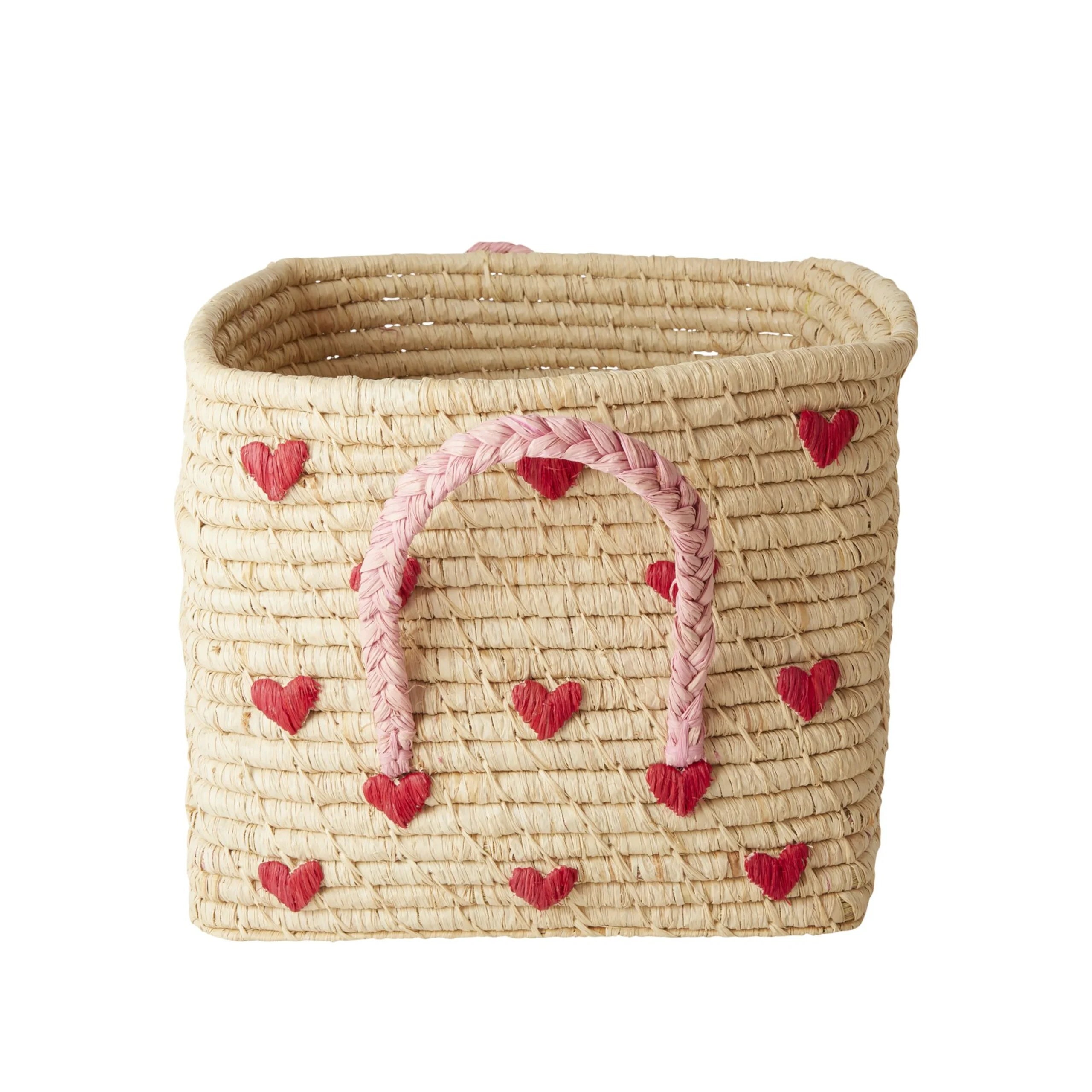 Aufbewahrungskorb aus Raffia mit Griffen - Quadratisch "Hearts - Herzen"