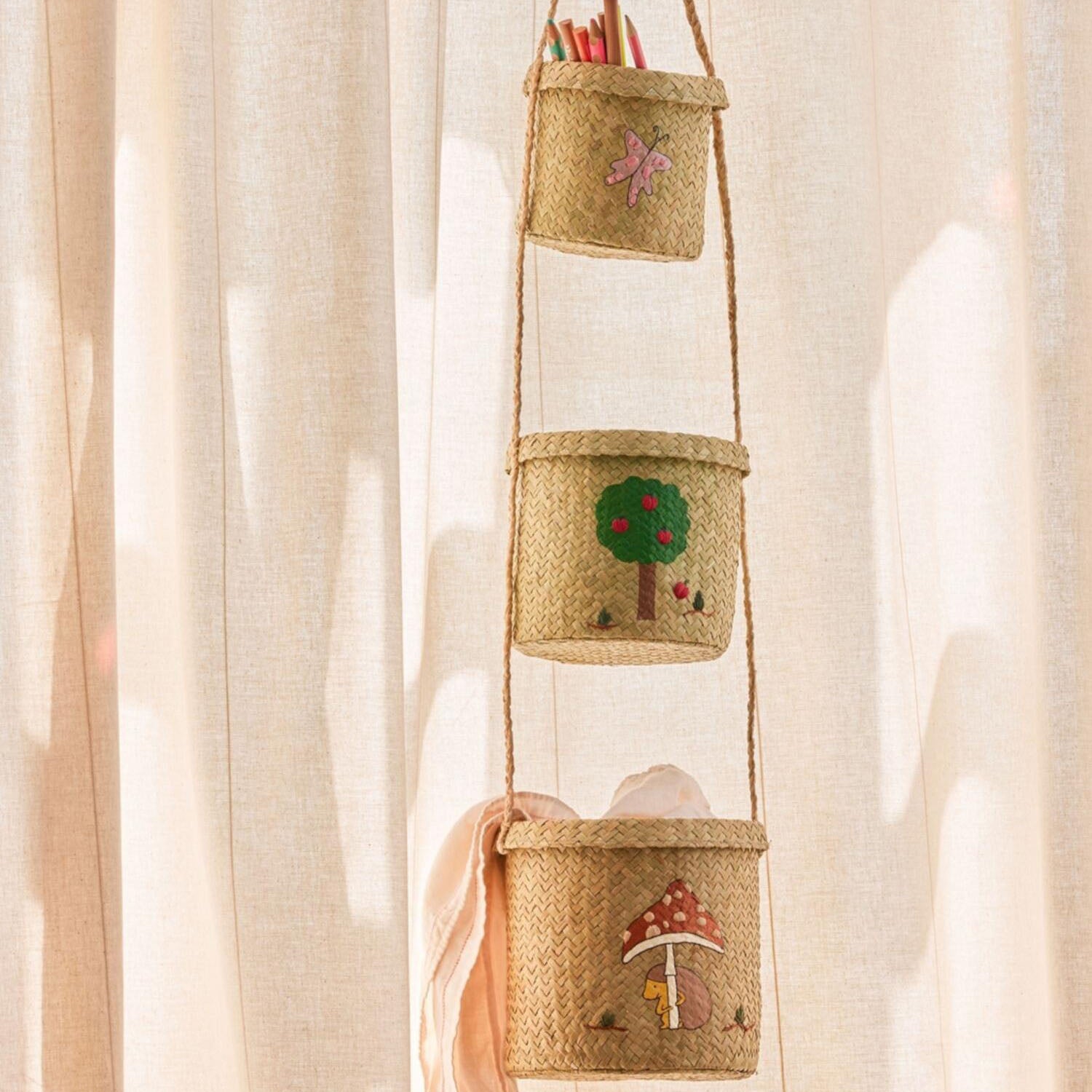 Aufbewahrungskorb aus Raffia zum Aufhängen "Happy Forest" - 3 tlg. (Natur)