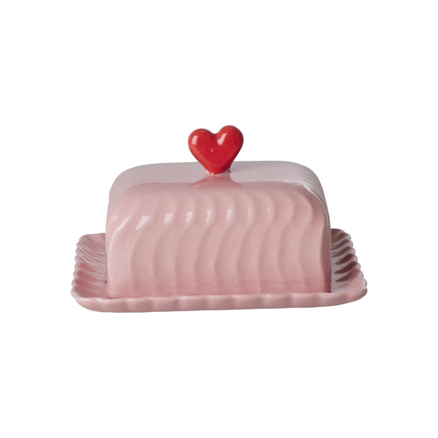 Ceramic Butter Dish with Red Heart - Pink