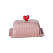 Ceramic Butter Dish with Red Heart - Pink