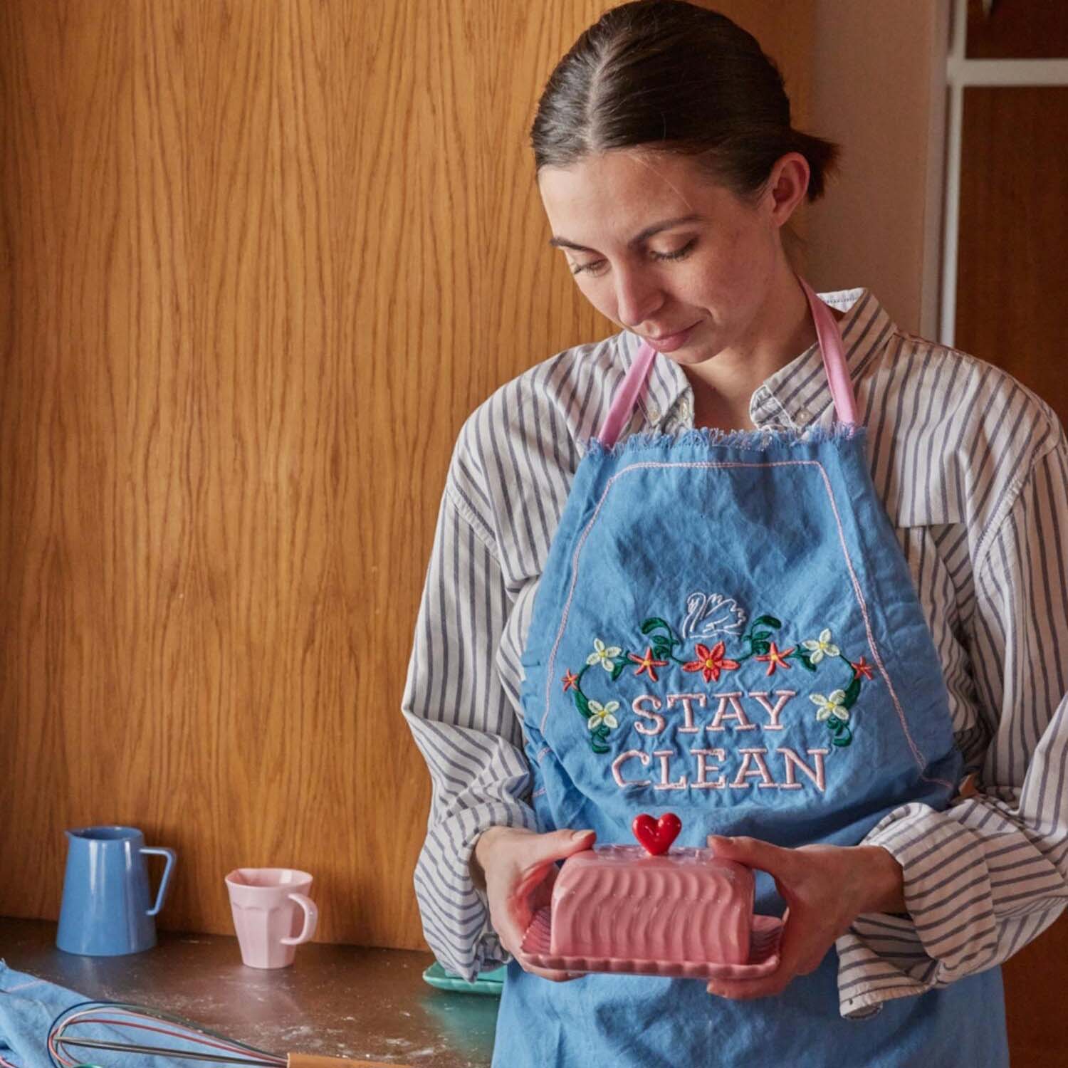 Ceramic Butter Dish with Red Heart - Pink