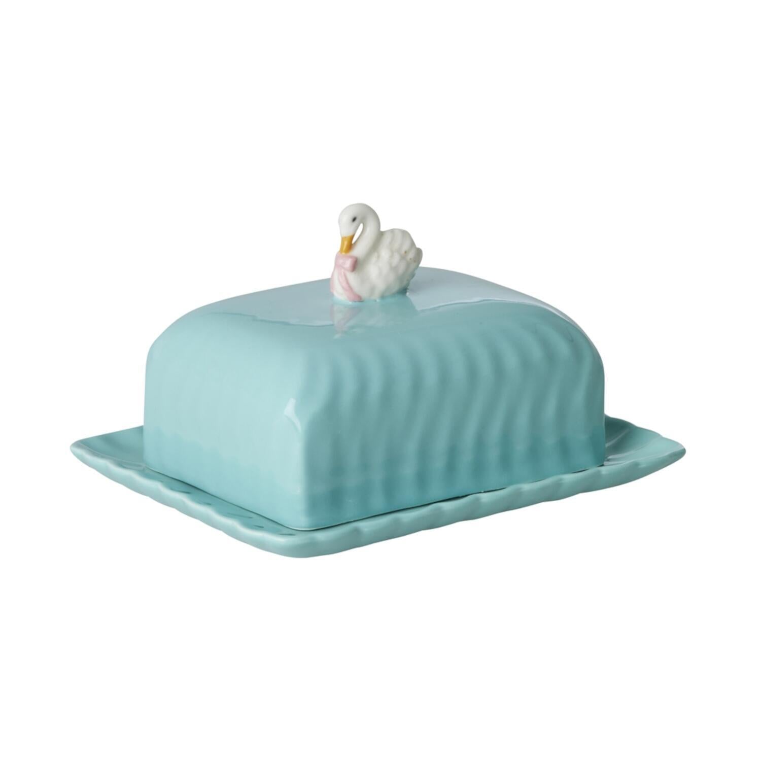 Keramik-Butterdose mit Schwanfigur, mintfarbener Deckel und Randplatte.
