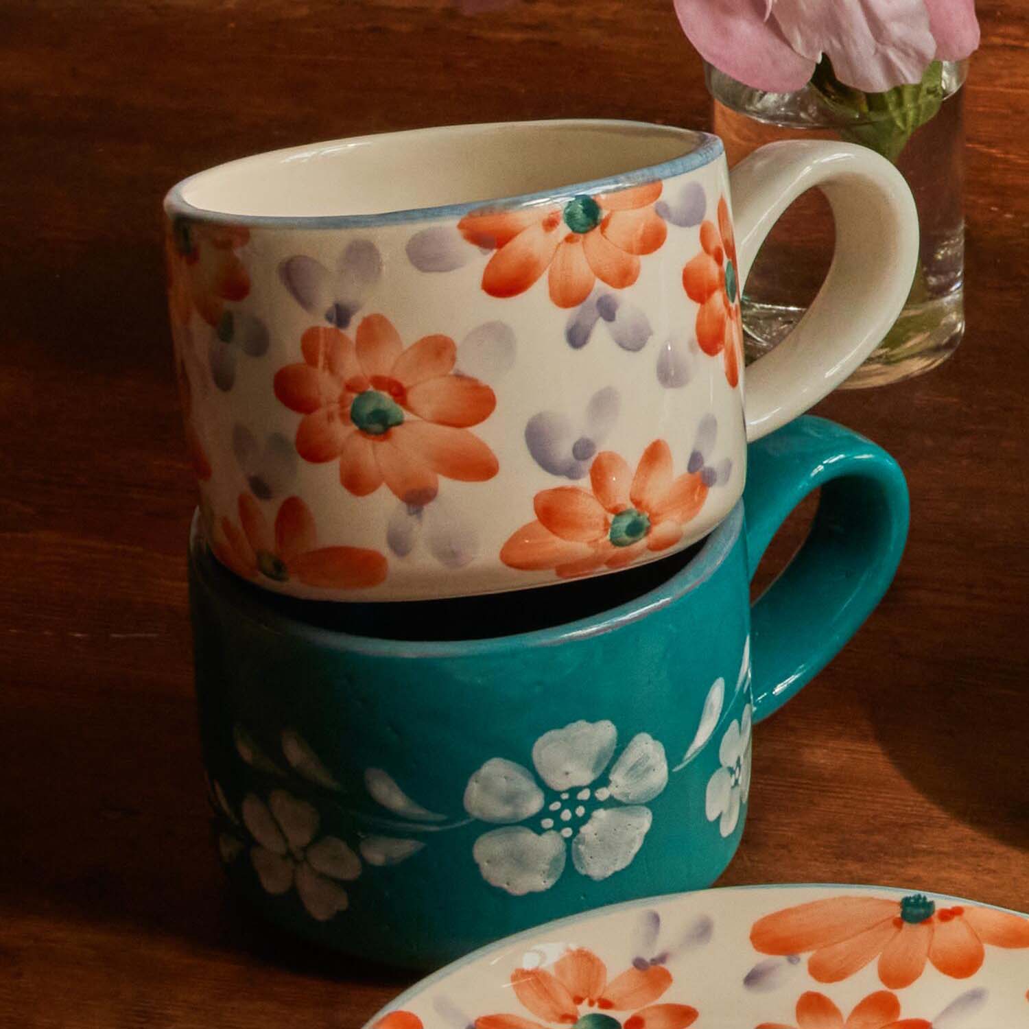 Keramik Cappuccino-Tasse "Flowers" (Bunt/Orange)