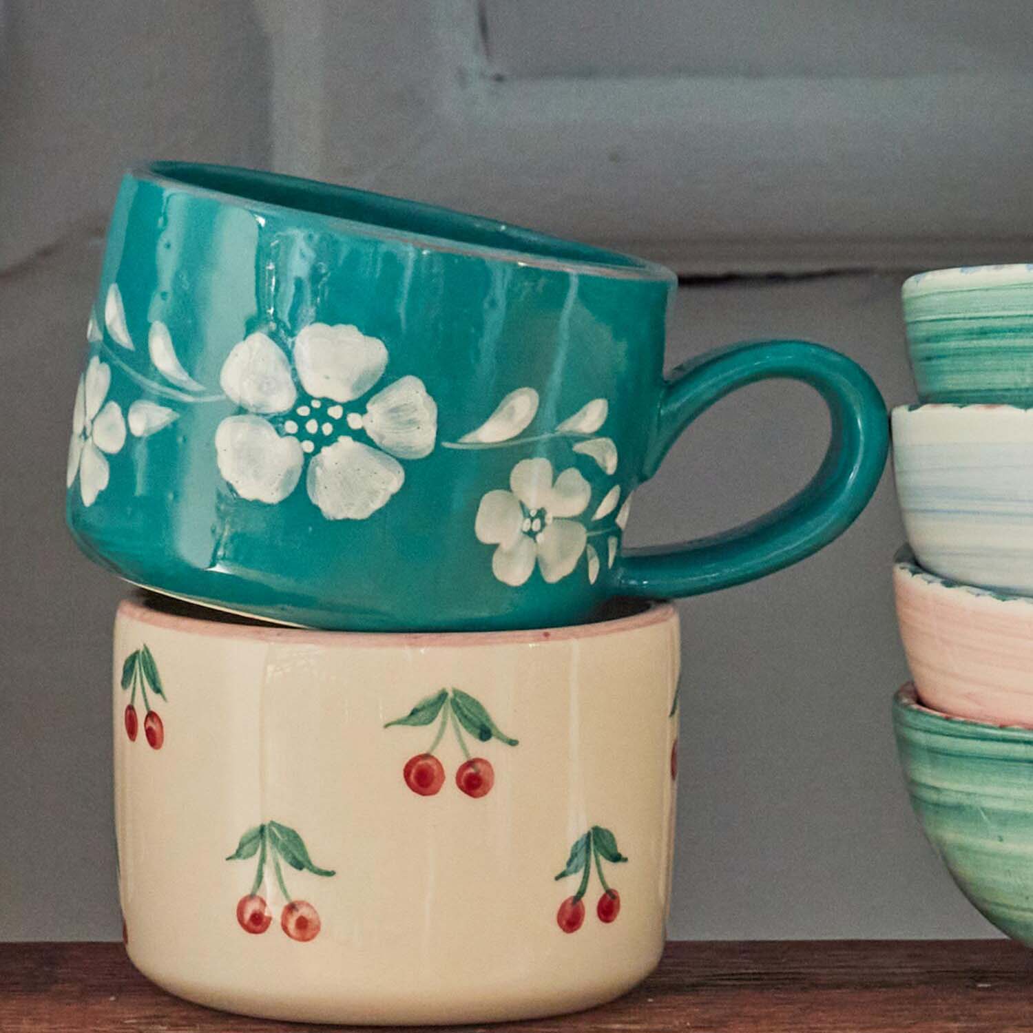 Keramik Cappuccino-Tasse "Flower Vine" (Weiß/Grün) Rice