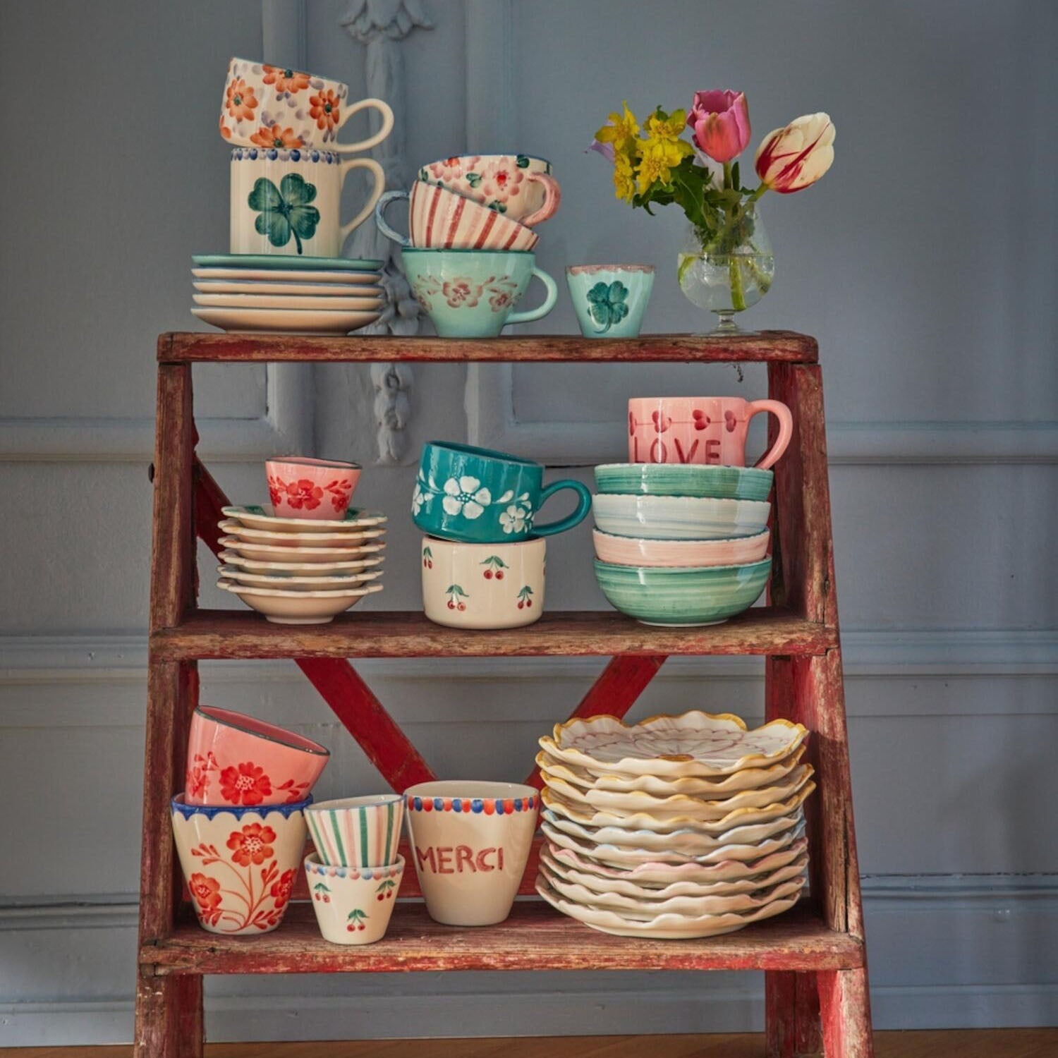 Keramik Tasse oval "Vintage Flower" (Bunt) Rice