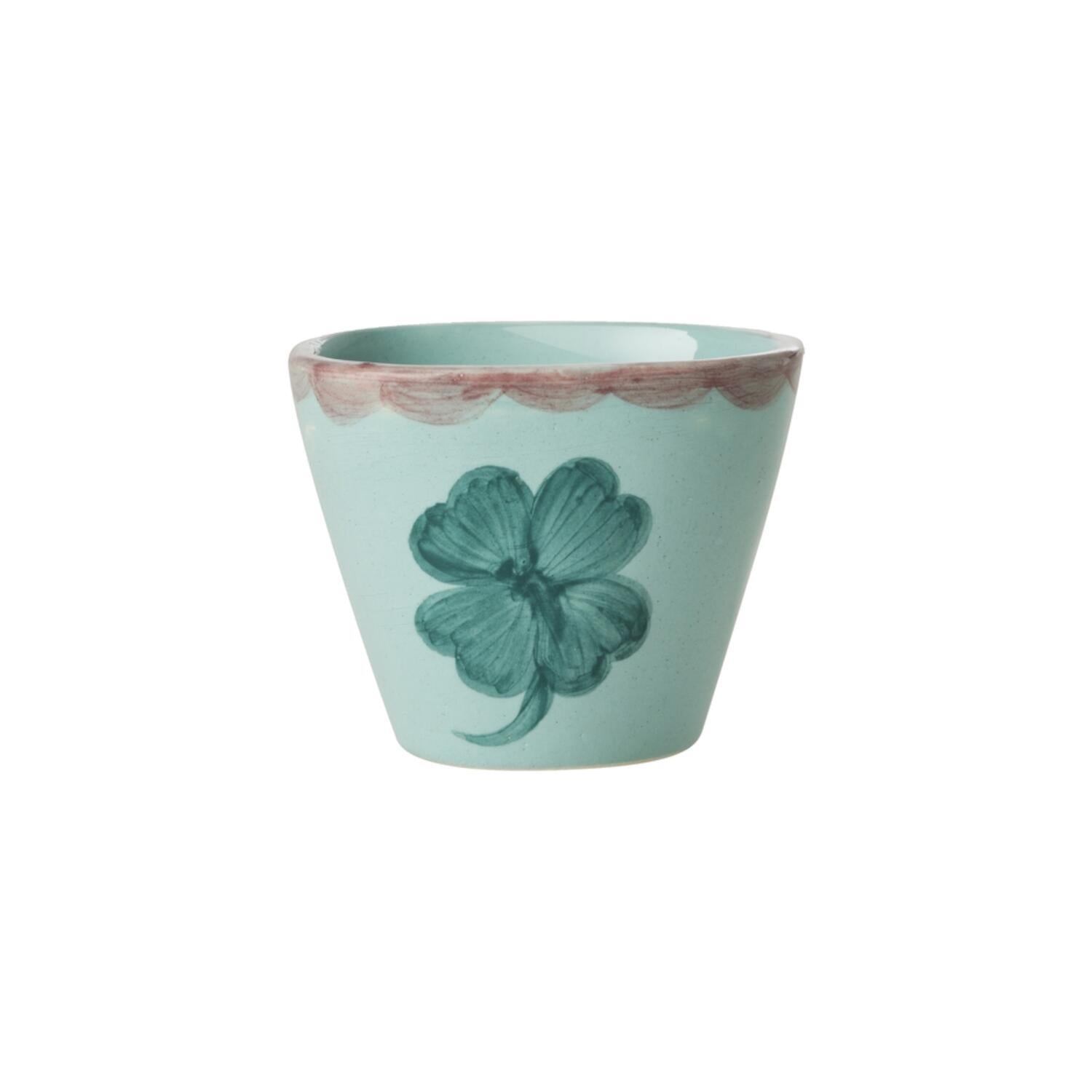 Keramik Espressotasse oval "Good Luck" (Grün/Pink) Rice