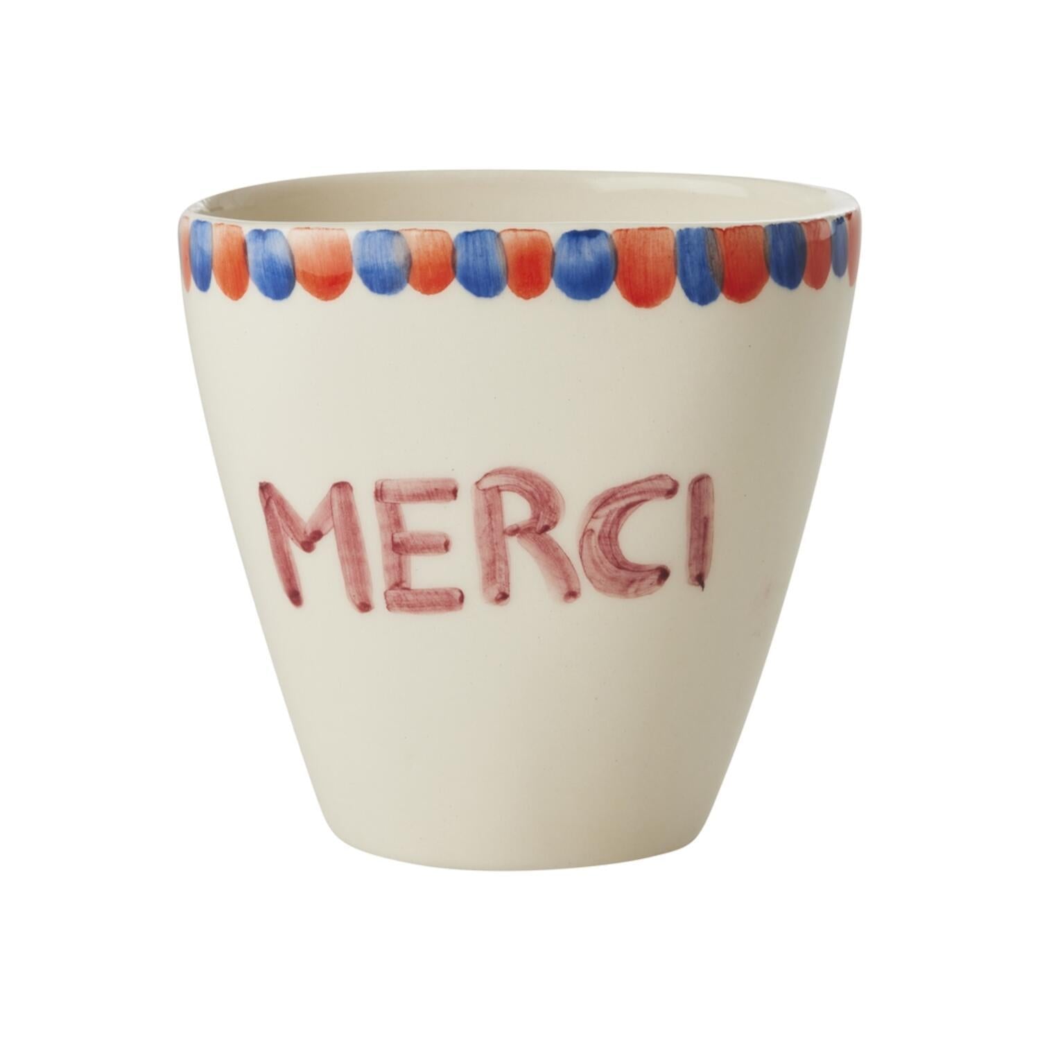 Keramik Tasse oval "Merci" (Weiß/Pink)