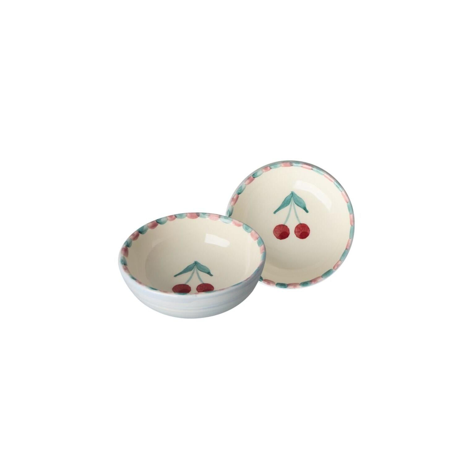 Keramikschale mit Kirschmotiv, weiße Schale mit roten Kirschen