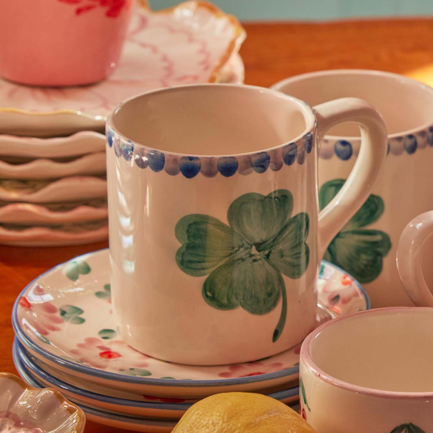 Keramik Tasse "Good Luck" (Weiß/Grün)