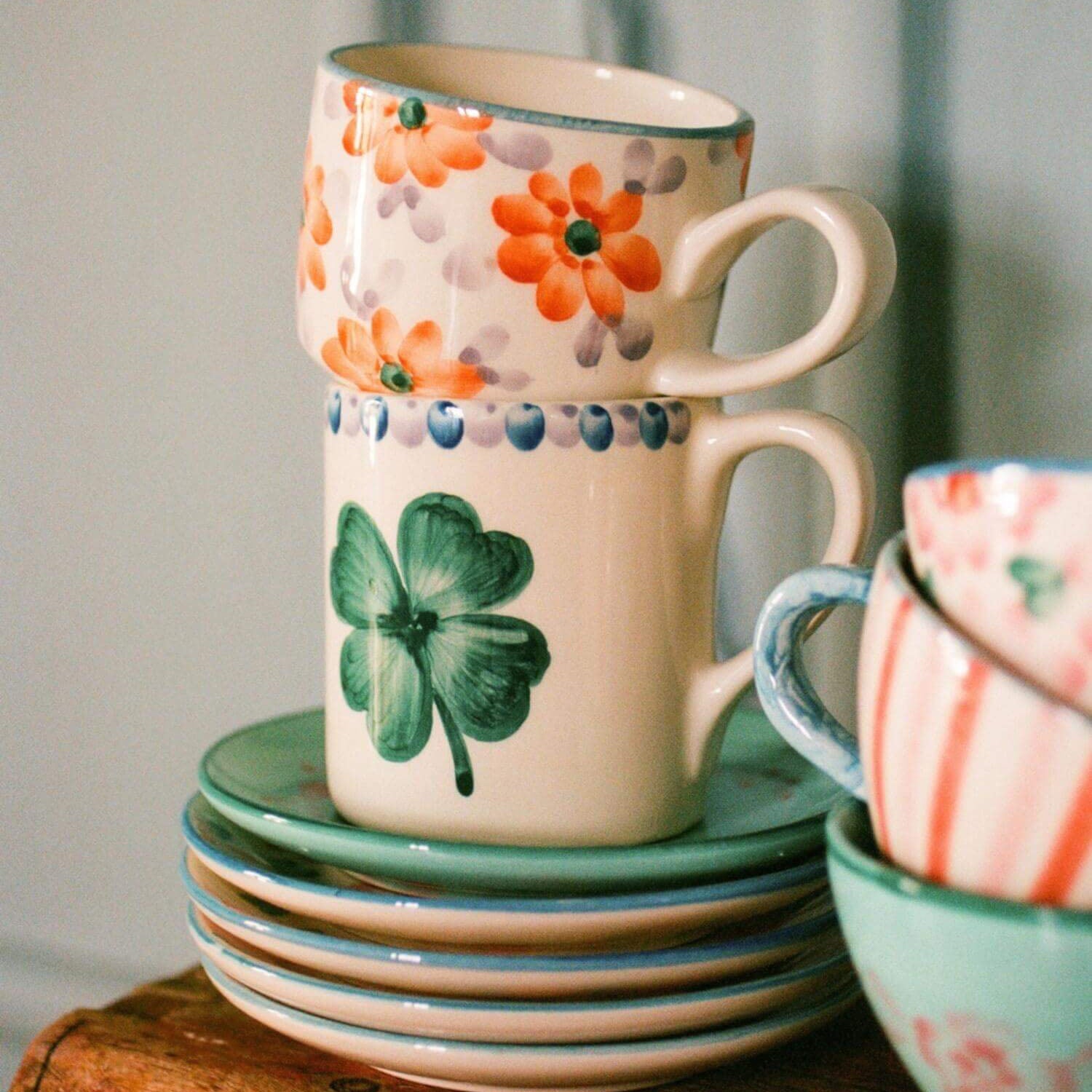 Keramik Tasse "Good Luck" (Weiß/Grün)