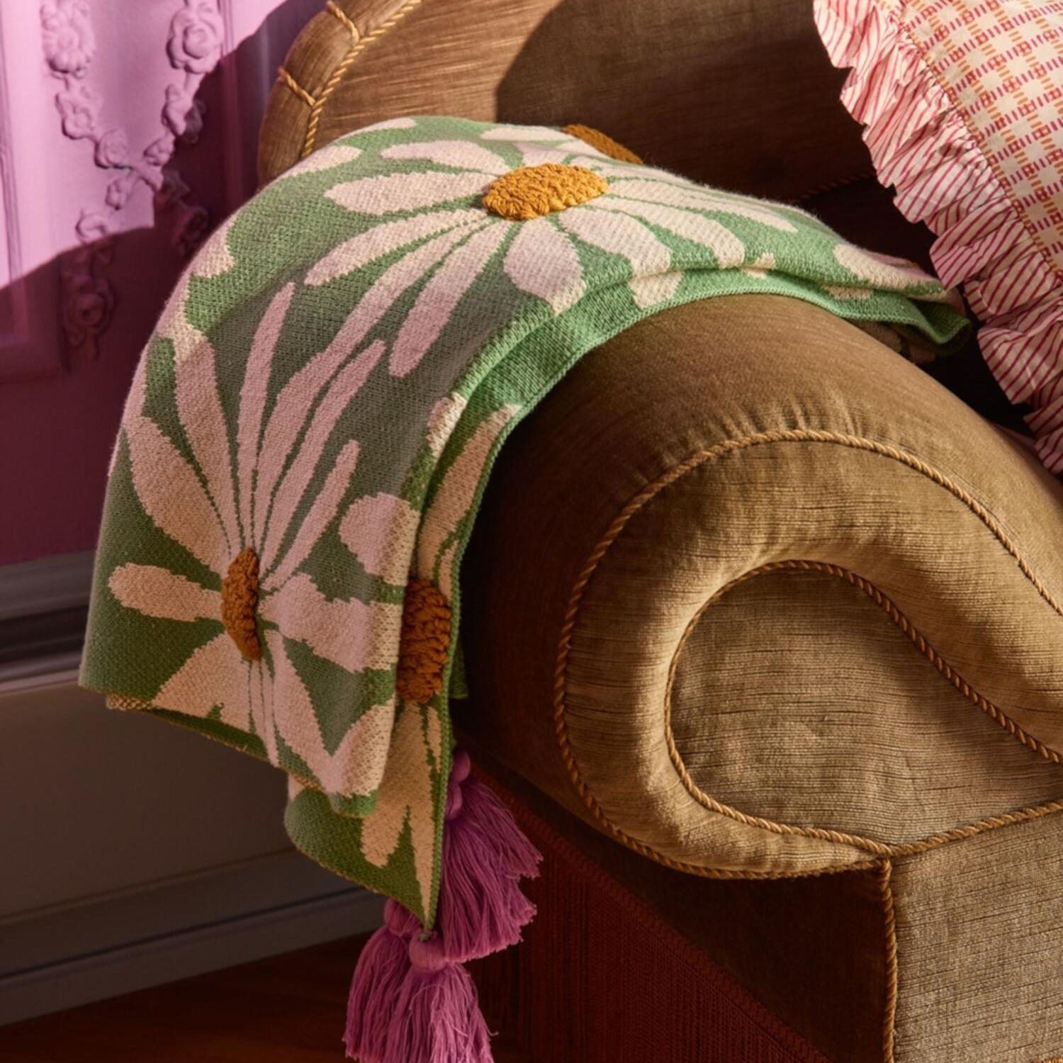 Decke "Flowers and Tassels" - 150x125 cm (Grün/Purple)