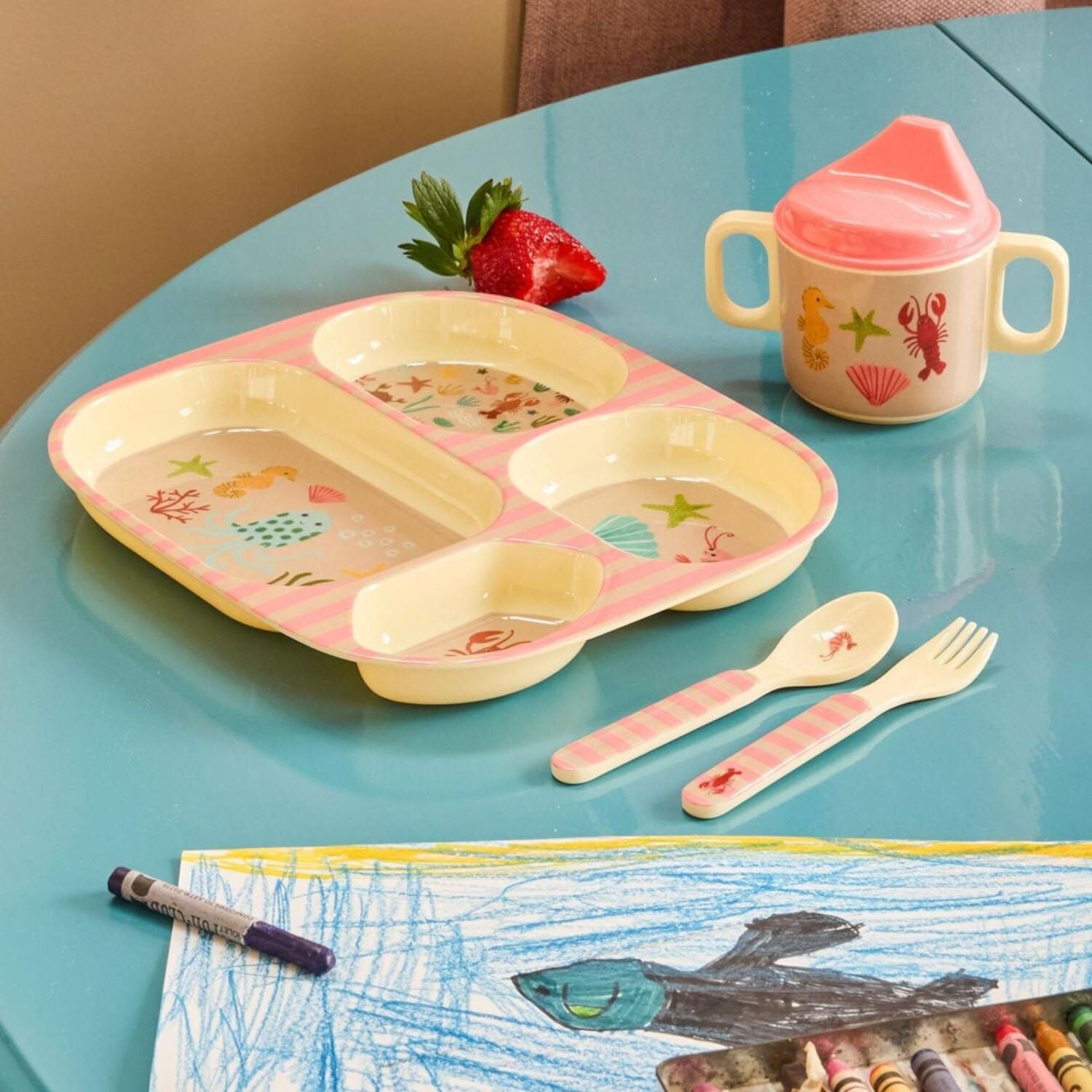 Melamin Kinderteller mit 4 Fächern "Coral Ocean" - 24,5x21,5x2,5 cm (Bunt)