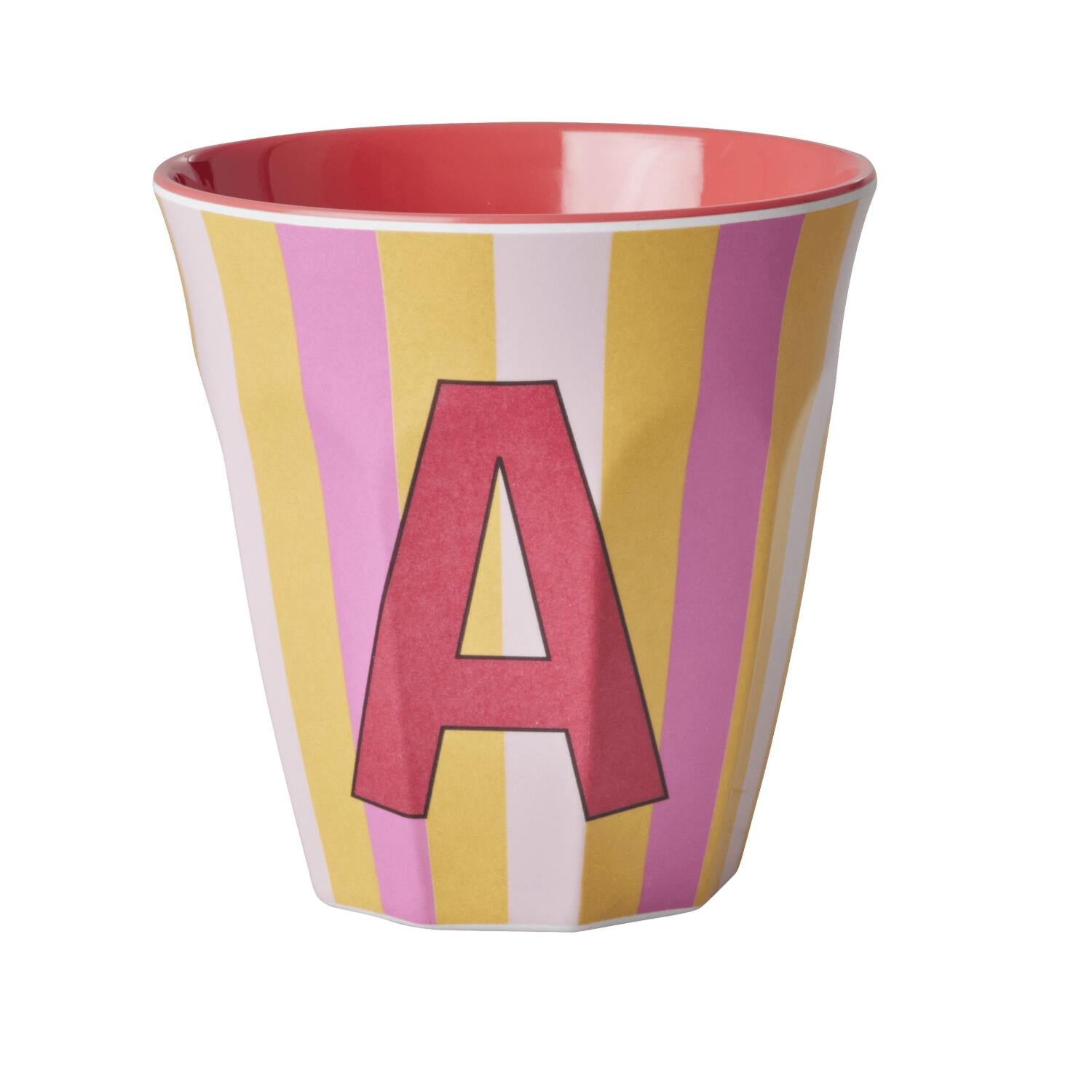 Melamin Becher mit Streifen "Buchstabe A" - Medium (Rosa/Orange)
