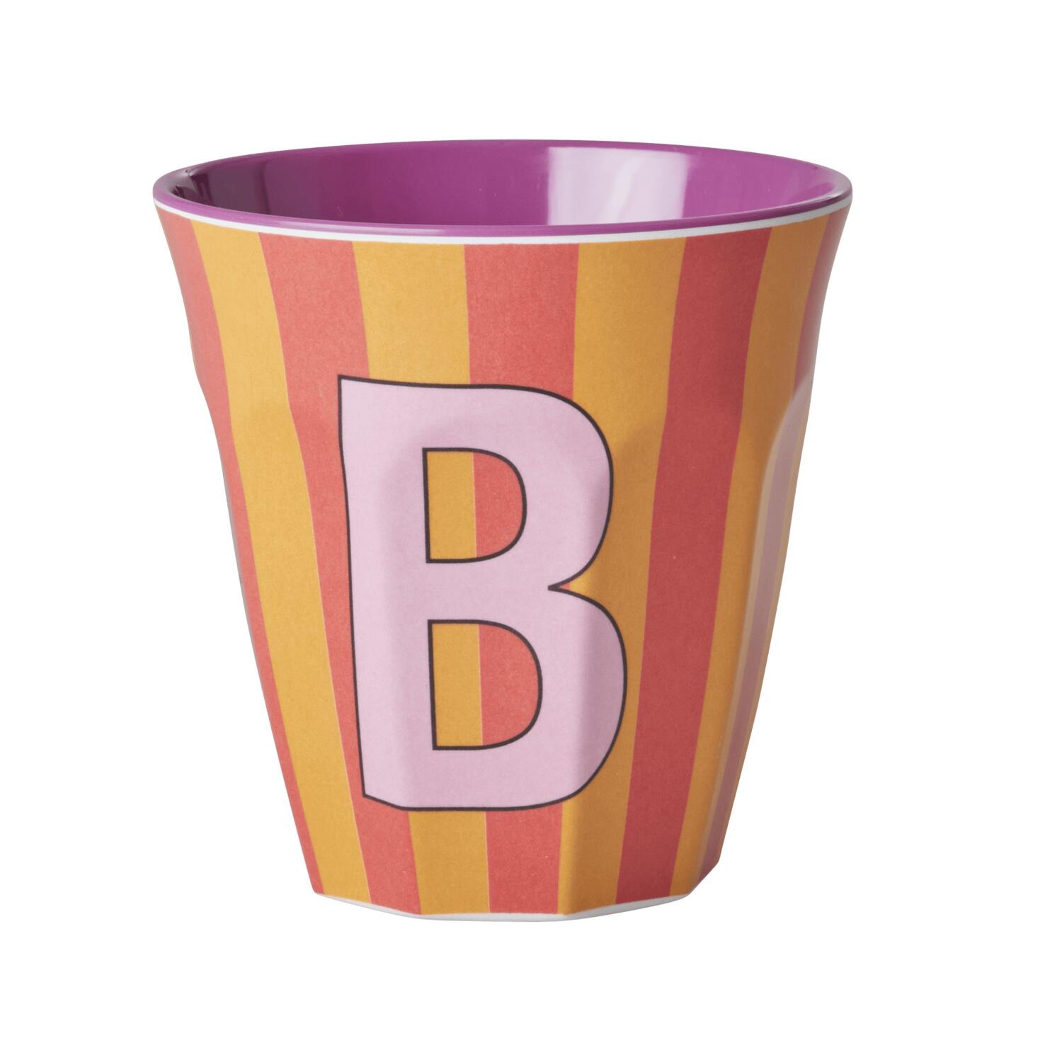 Melamin Becher mit Streifen "Buchstabe B" - Medium (Orange/Rot)