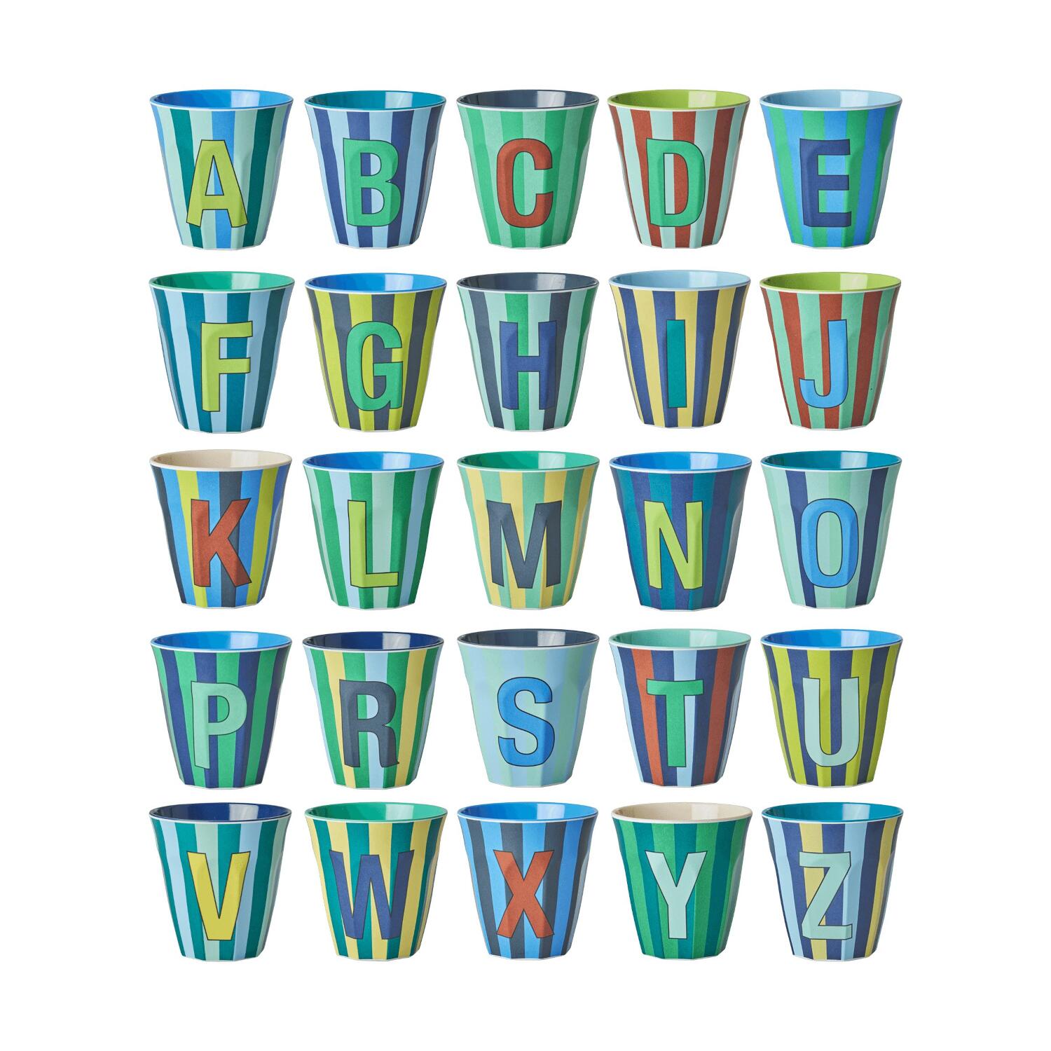 Melamin Becher mit Streifen "Buchstabe J" - Medium (Mint/Braun)