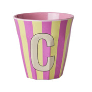 Melamin Becher mit Streifen "Buchstabe C" - Medium (Rosa/Gelb)