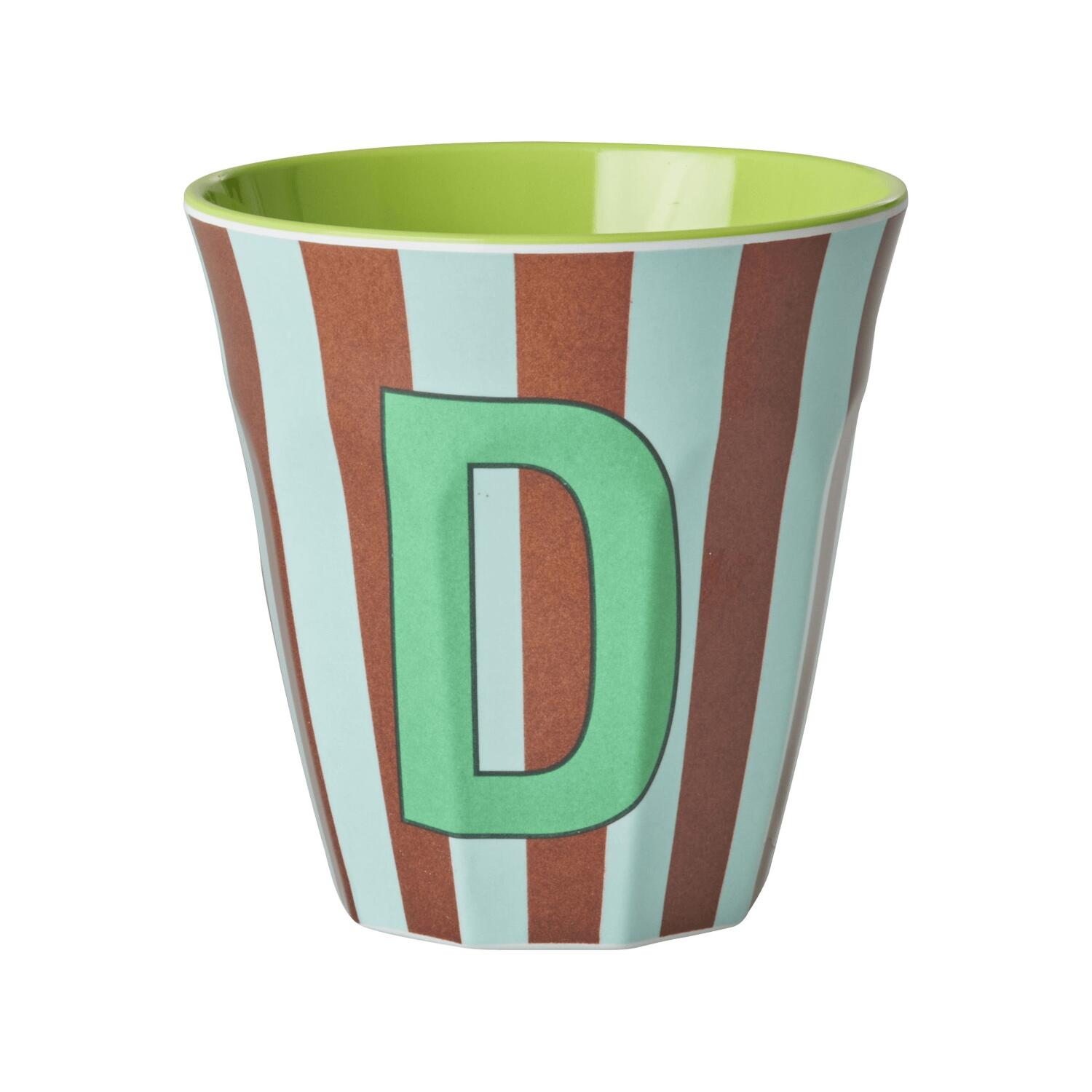 Melamin Becher mit Streifen "Buchstabe D" - Medium (Braun/Hellblau)