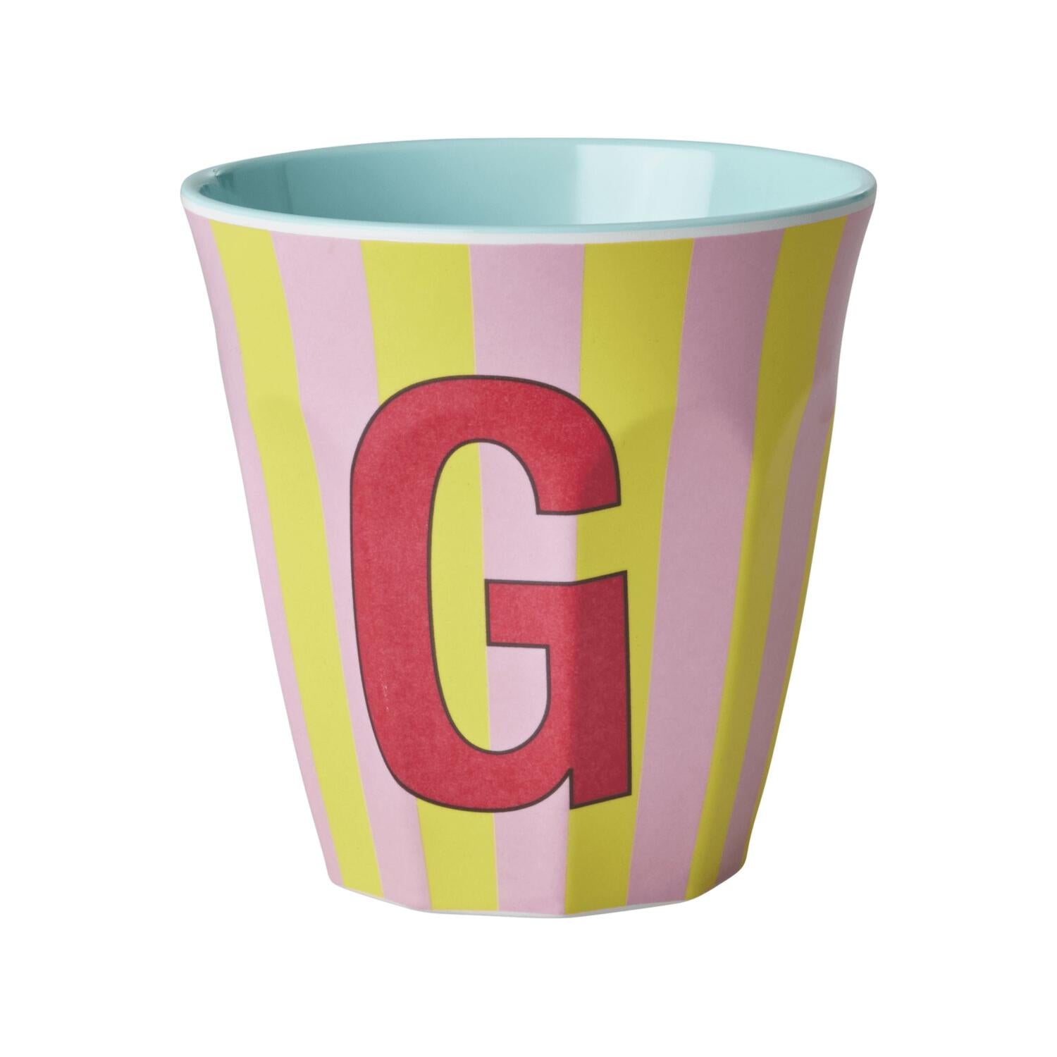 Melamin Becher mit Streifen "Buchstabe G" - Medium (Gelb/Rosa)