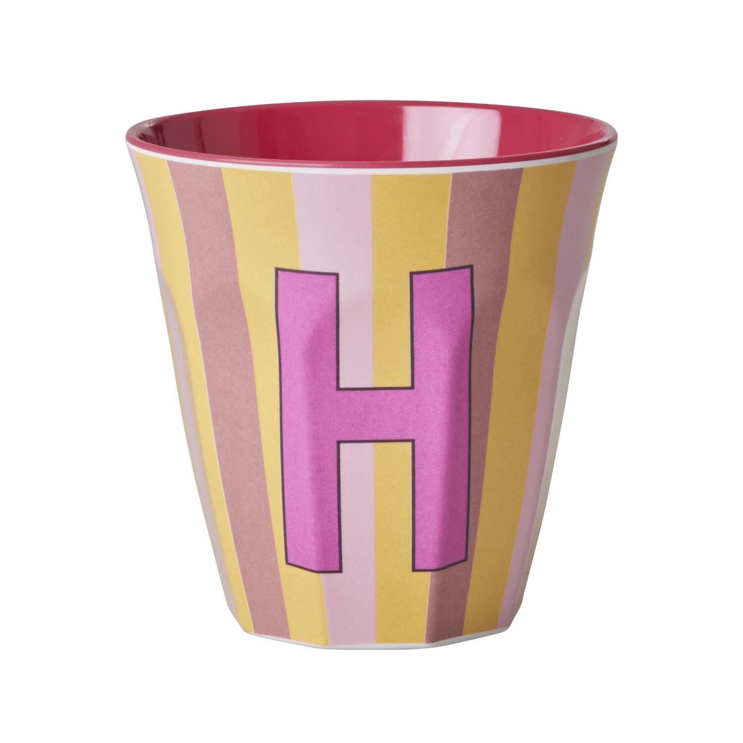 Melamin Becher mit Streifen "Buchstabe H" - Medium (Rosa/Gelb/Lila)