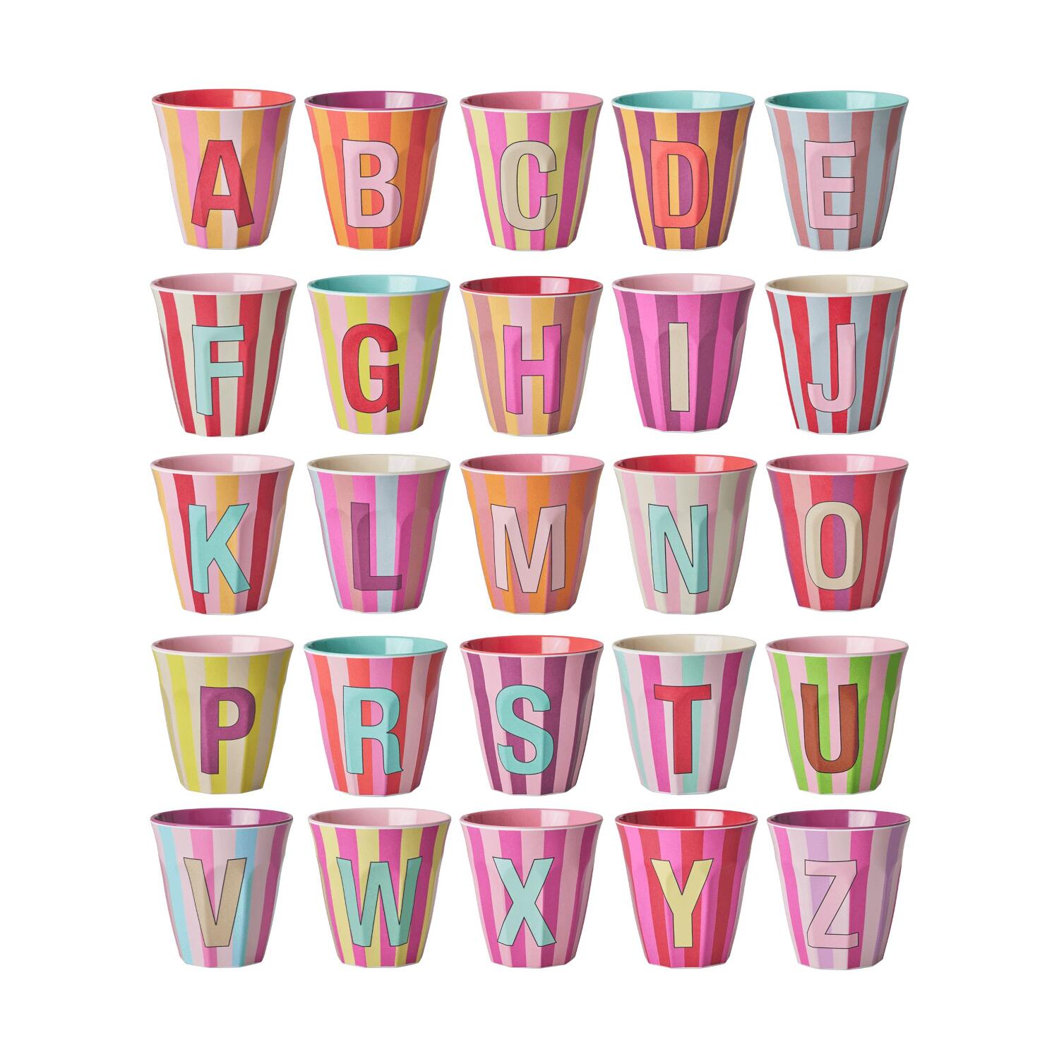 Melamin Becher mit Streifen "Buchstabe J" - Medium (Rot/Hellblau)