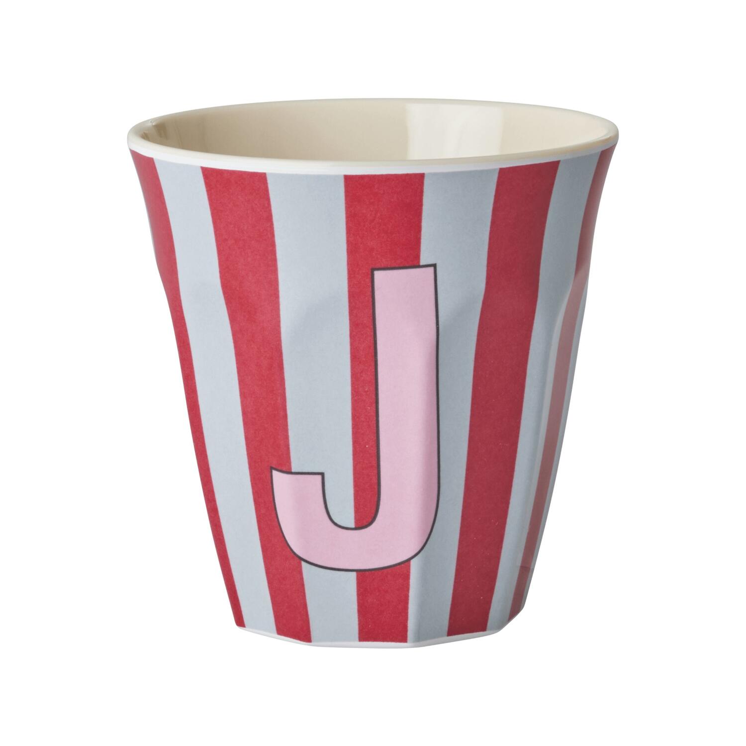Melamin Becher mit Streifen "Buchstabe J" - Medium (Rot/Hellblau)