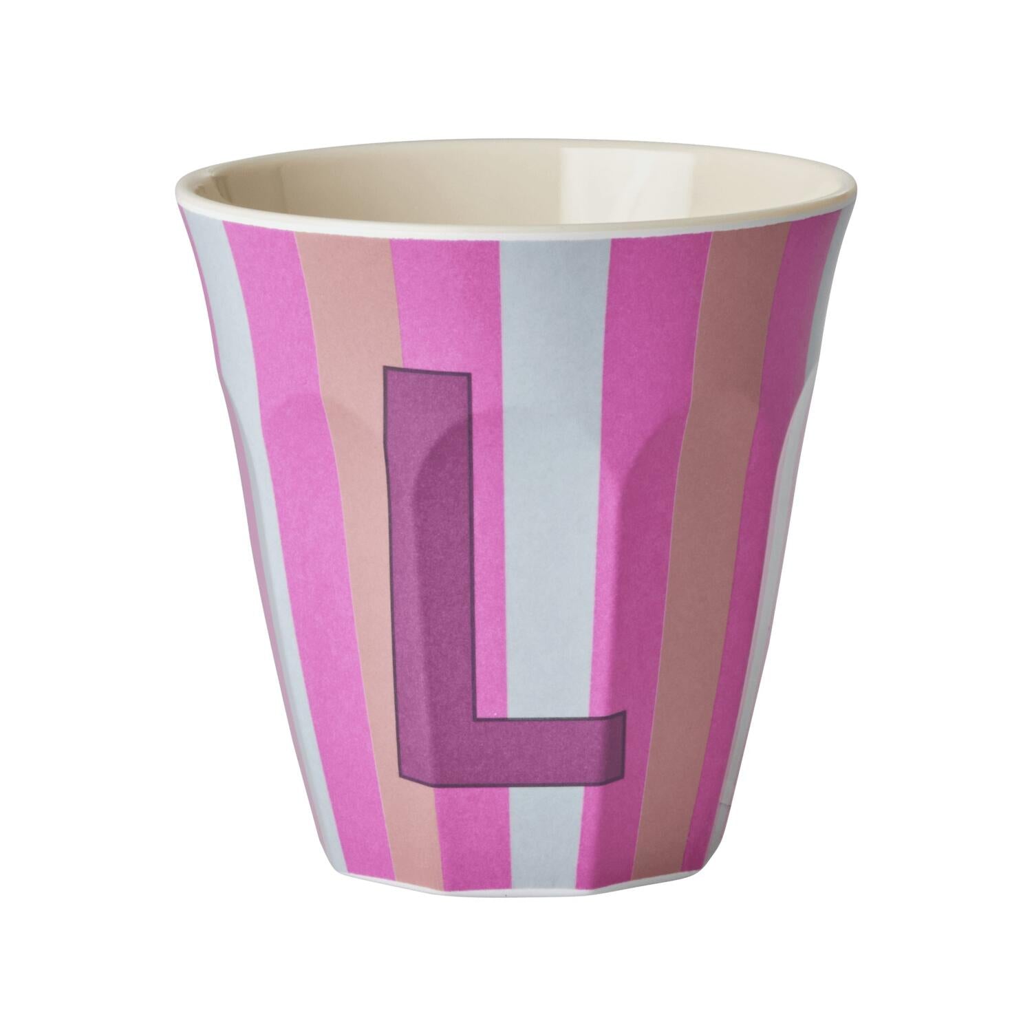 Melamin Becher mit Streifen "Buchstabe L" - Medium (Rosa/Pink/Weiß)