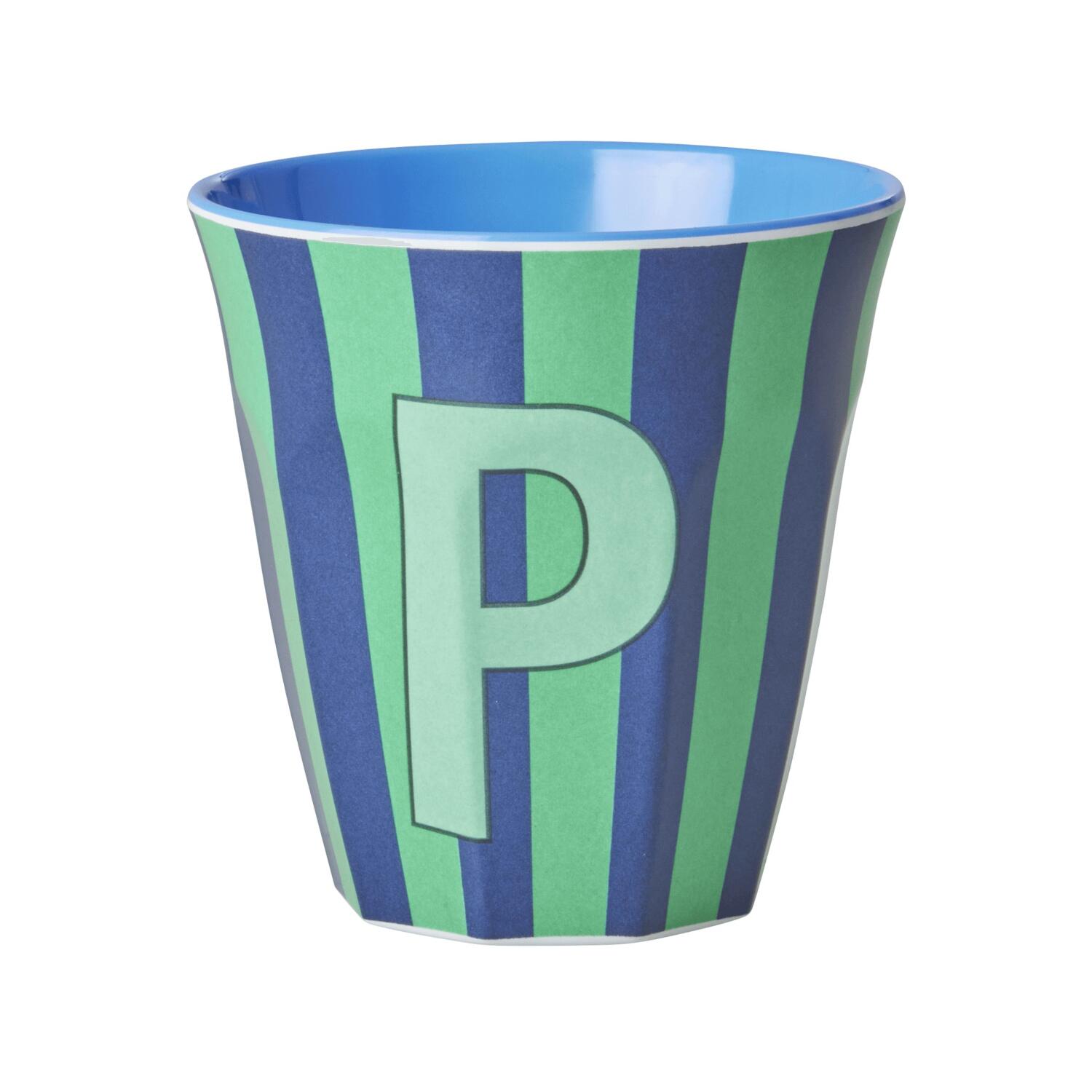 Melamin Becher mit Streifen "Buchstabe P" - Medium (Hellgrün/Dunkelblau) Rice
