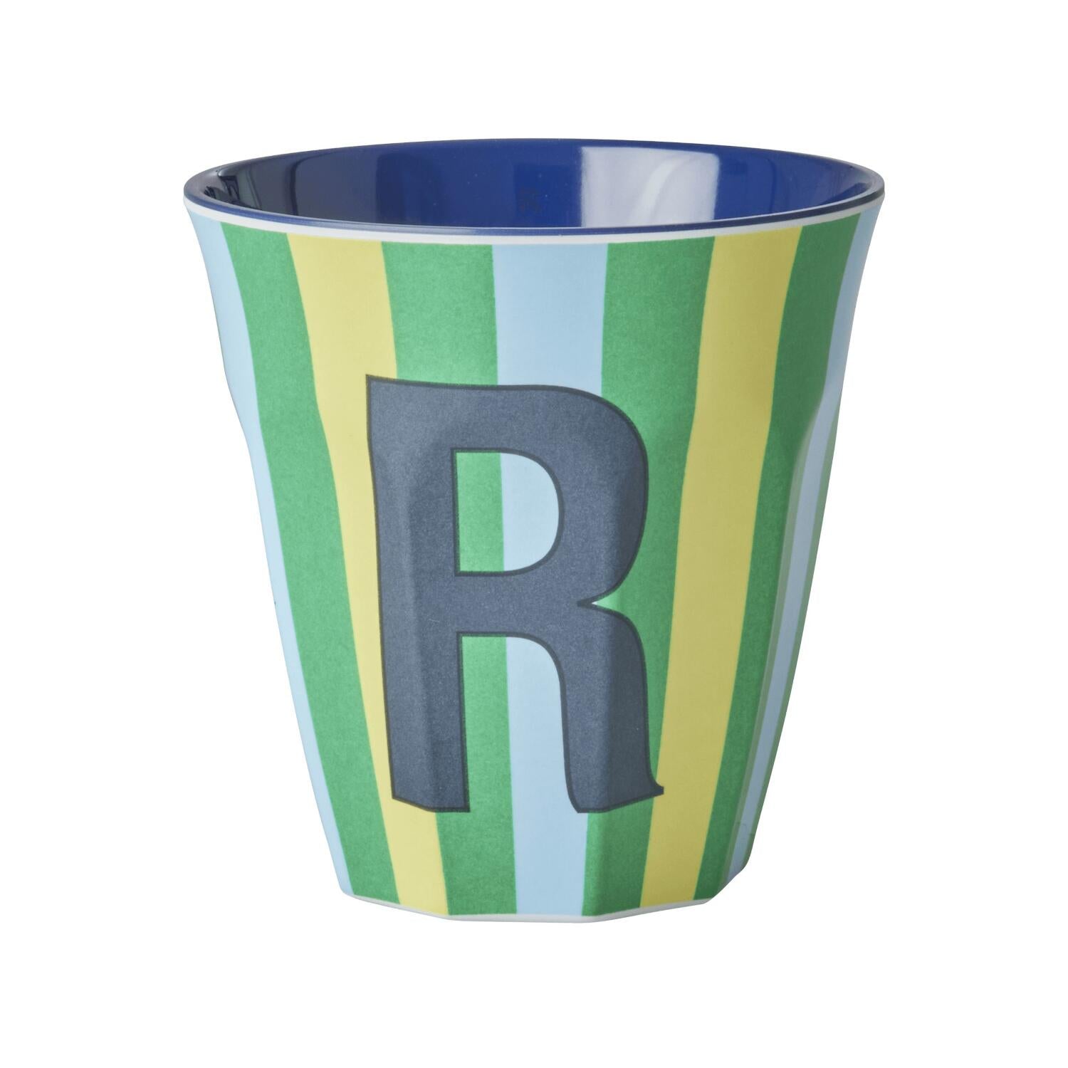 Melamin Becher mit Streifen "Buchstabe R" - Medium (Hellblau/Hellgrün/Gelb)