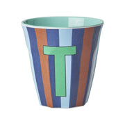 Melamin Becher mit Streifen "Buchstabe T" - Medium (Hellblau/Dunkelblau/Braun)