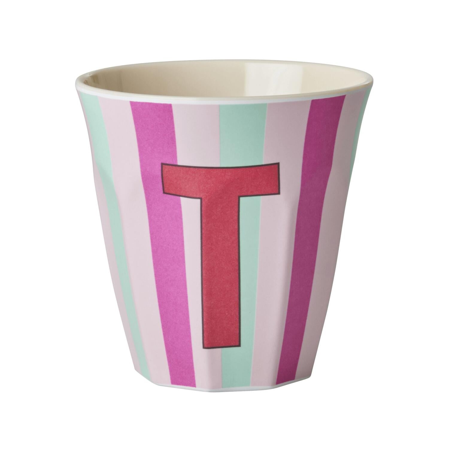 Melamin Becher mit Streifen "Buchstabe T" - Medium (Creme/Pink/Mint)