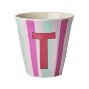 Melamin Becher mit Streifen "Buchstabe T" - Medium (Creme/Pink/Mint)