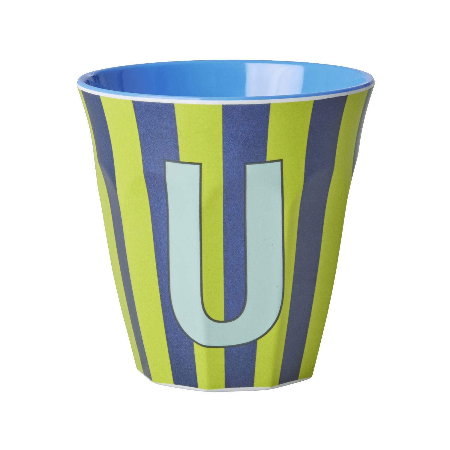Melamin Becher mit Streifen "Buchstabe U" - Medium (Gelb/Dunkelblau)