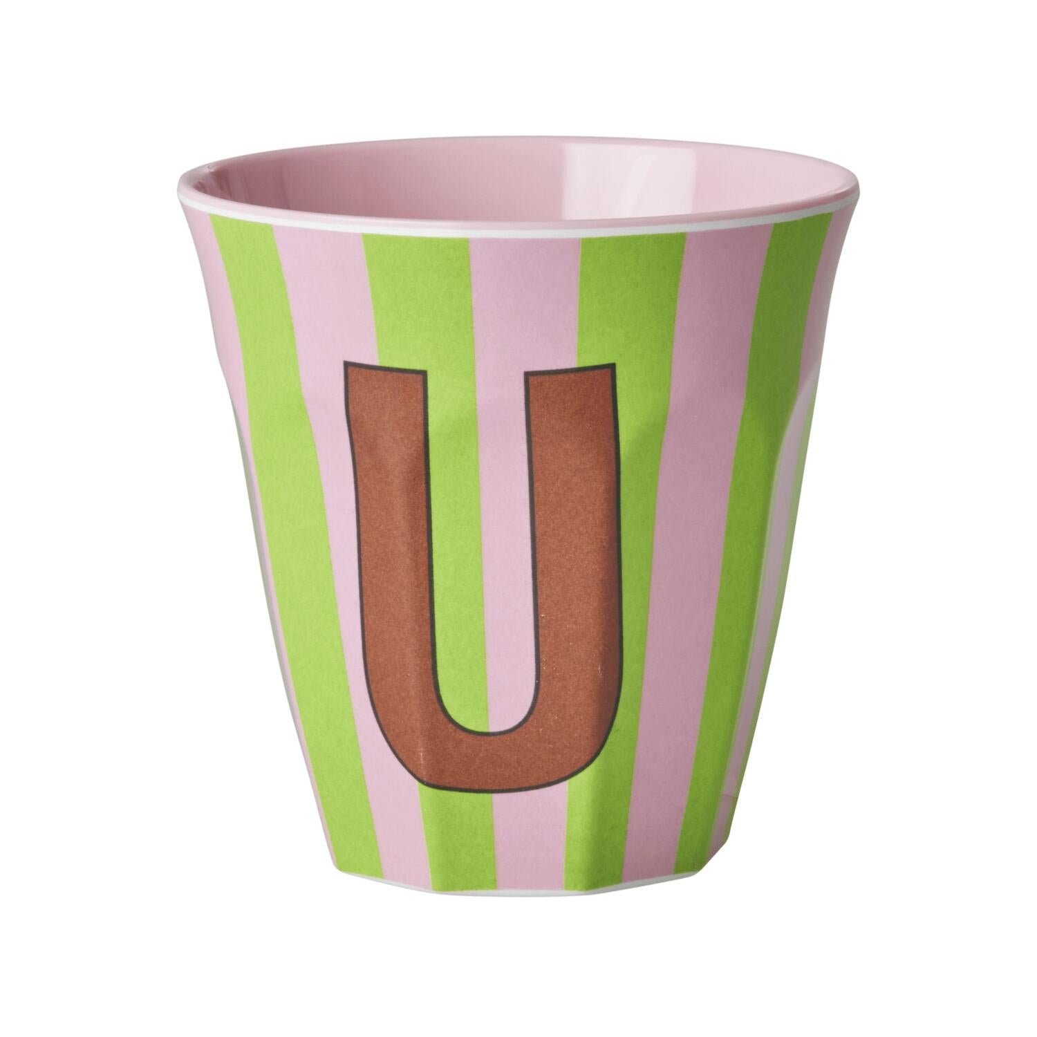 Melamin Becher mit Streifen "Buchstabe U" - Medium (Rosa/Hellgrün)
