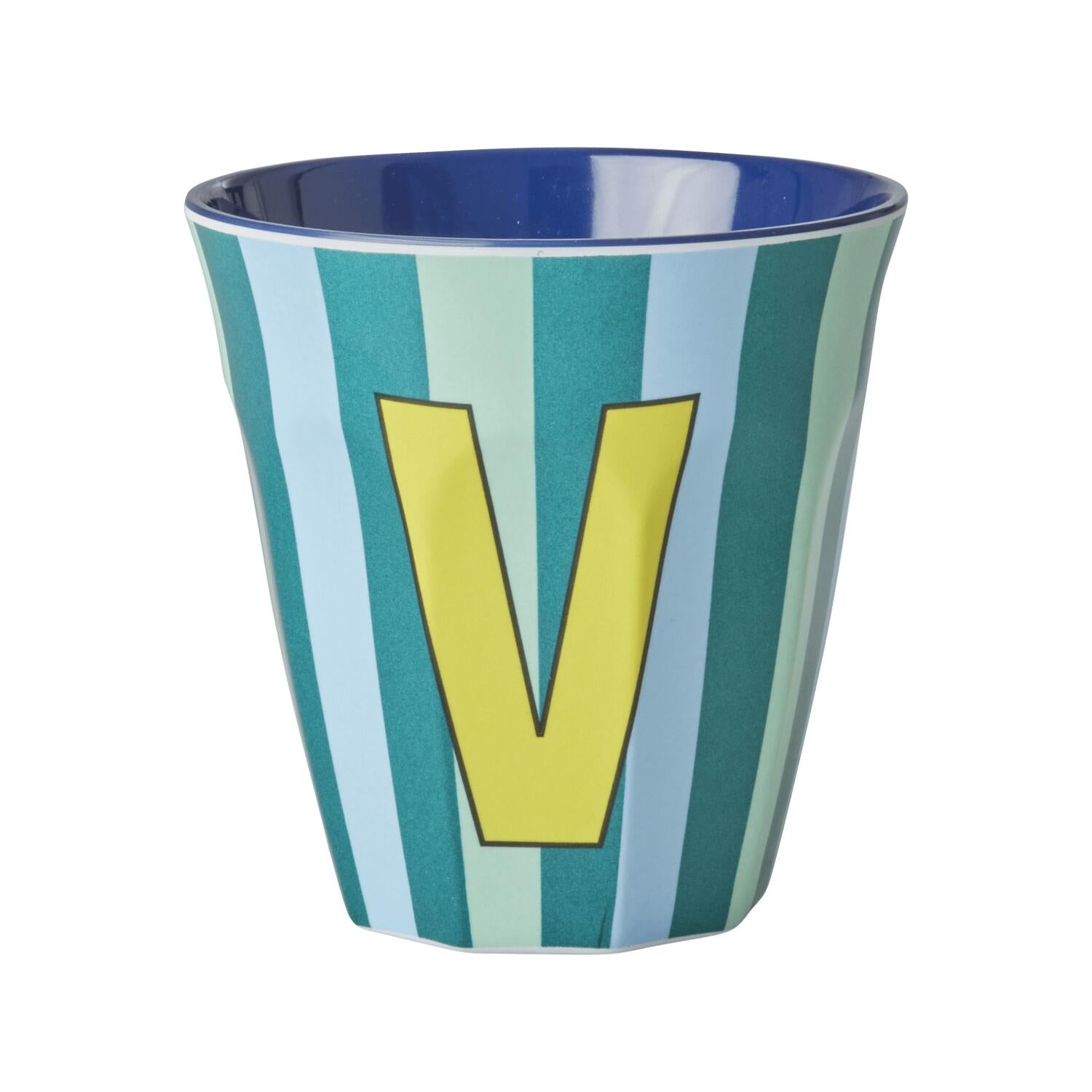 Melamin Becher mit Streifen "Buchstabe V" - Medium (Hellblau/Hellgrün/Türkis)