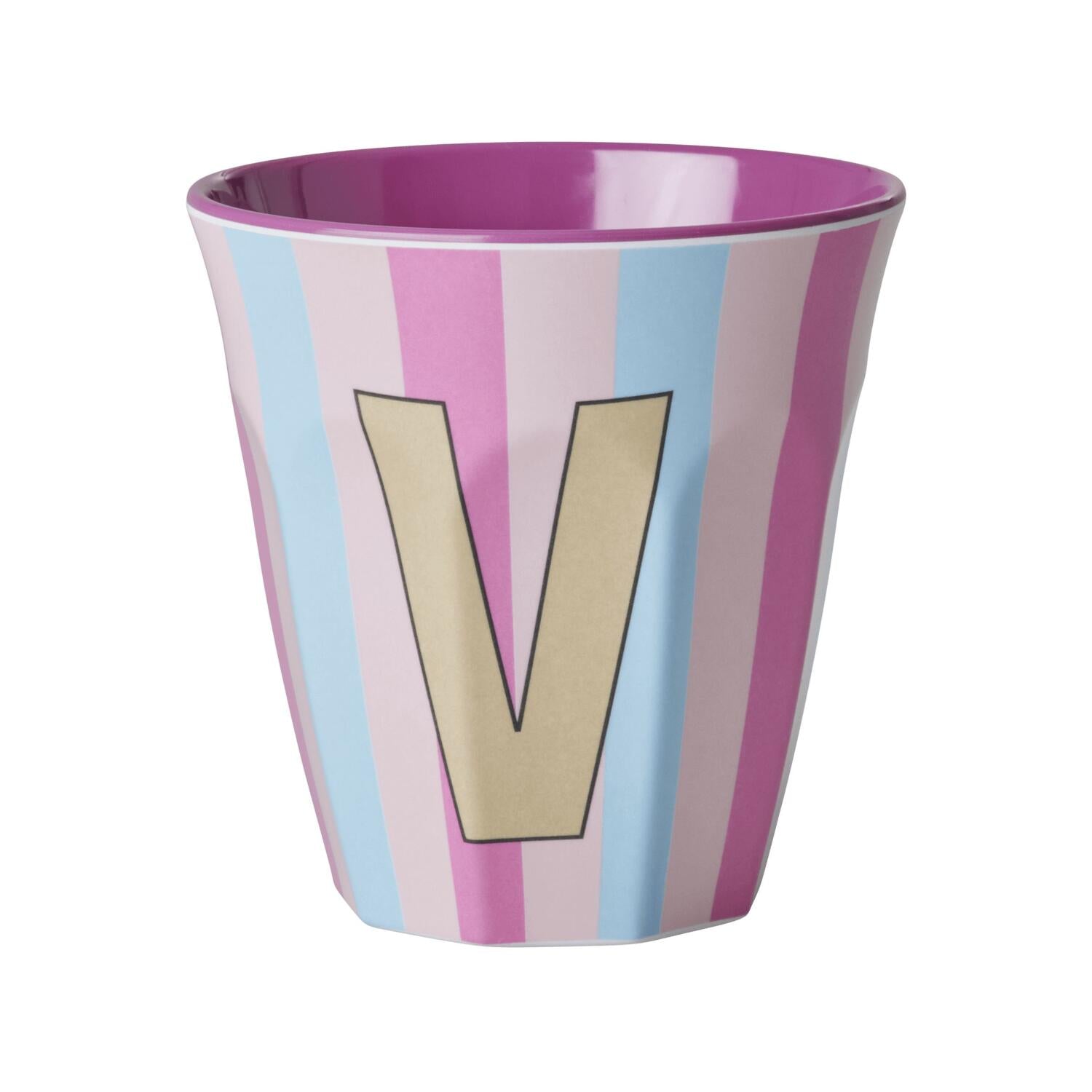 Melamin Becher mit Streifen "Buchstabe V" - Medium (Rosa/Pink/Hellblau)