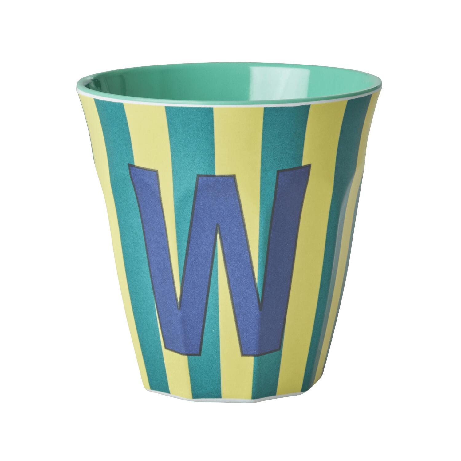 Melamin Becher mit Streifen "Buchstabe W" - Medium (Gelb/Türkis)
