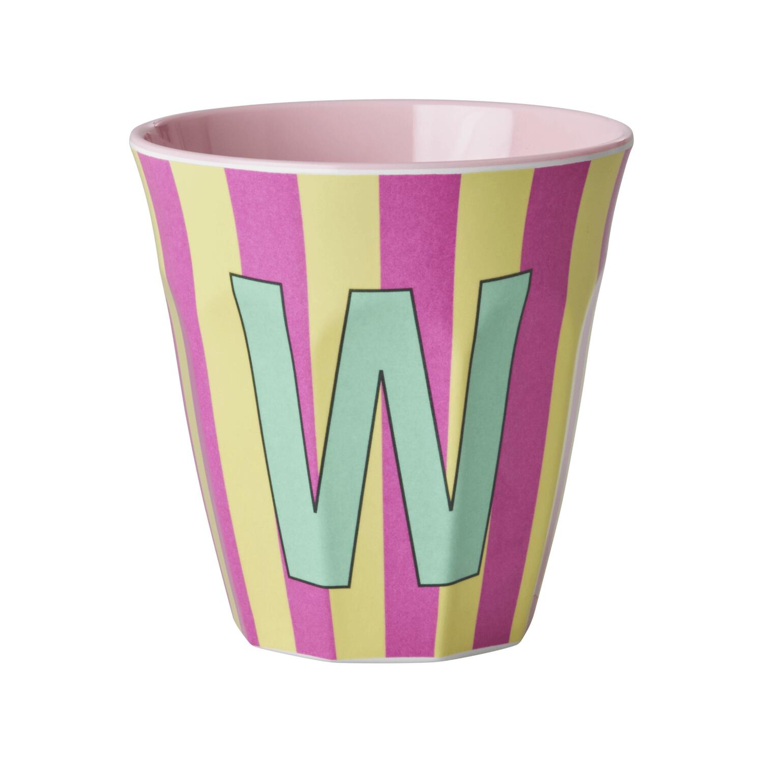 Melamin Becher mit Streifen "Buchstabe W" - Medium (Gelb/Pink)