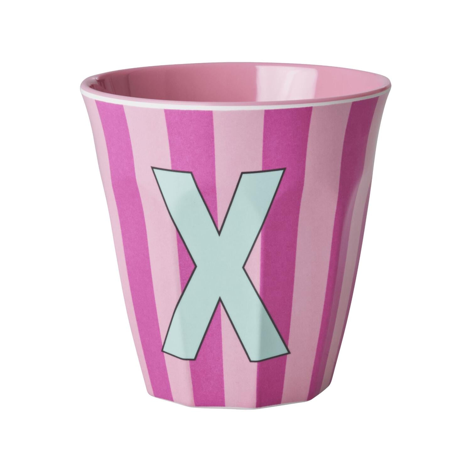 Melamin Becher mit Streifen "Buchstabe X" - Medium (Rosa/Pink)