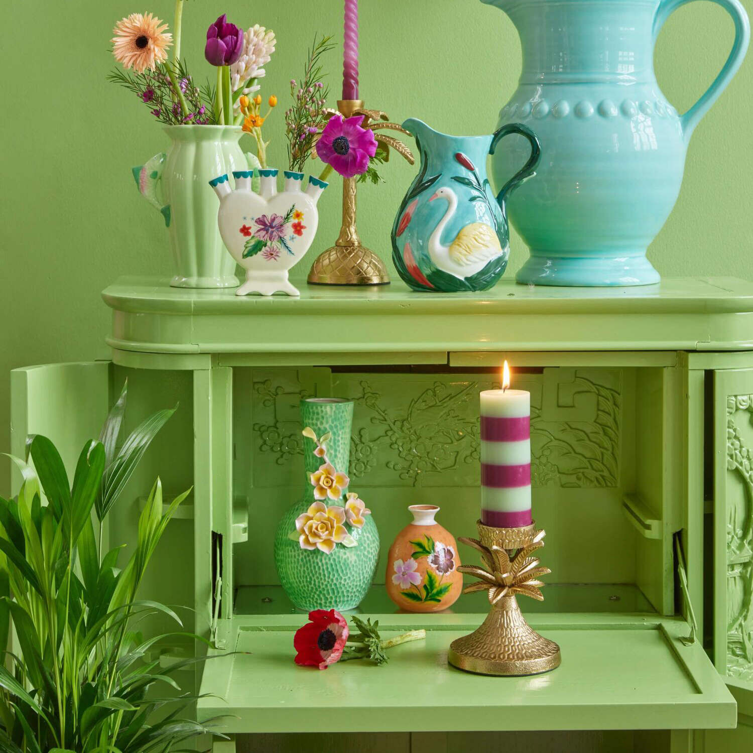 Stumpenkerze "Striped" - 15 cm (Soft Green)