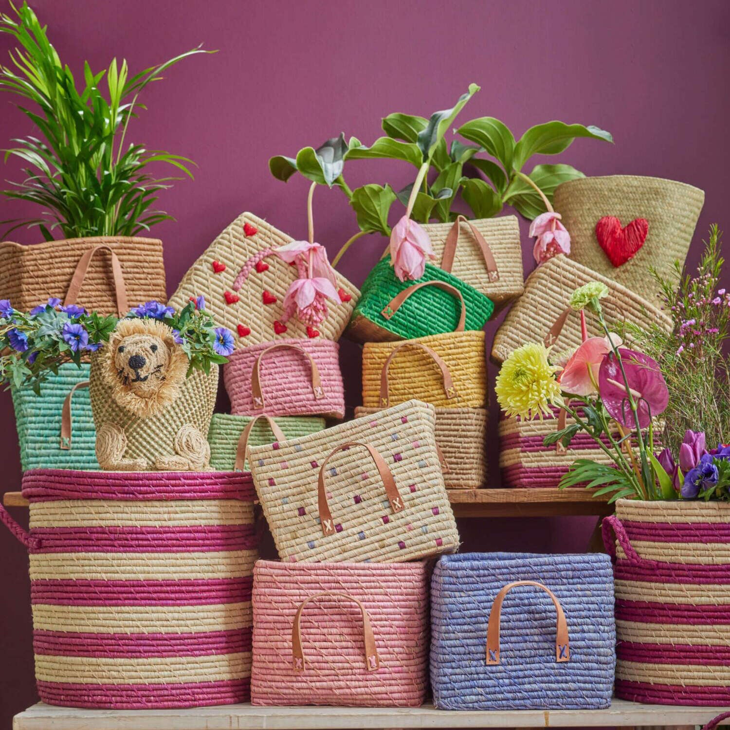 Korb rechteckig "Raffia - Stripes" - 30x30x25 cm (Aubergine)