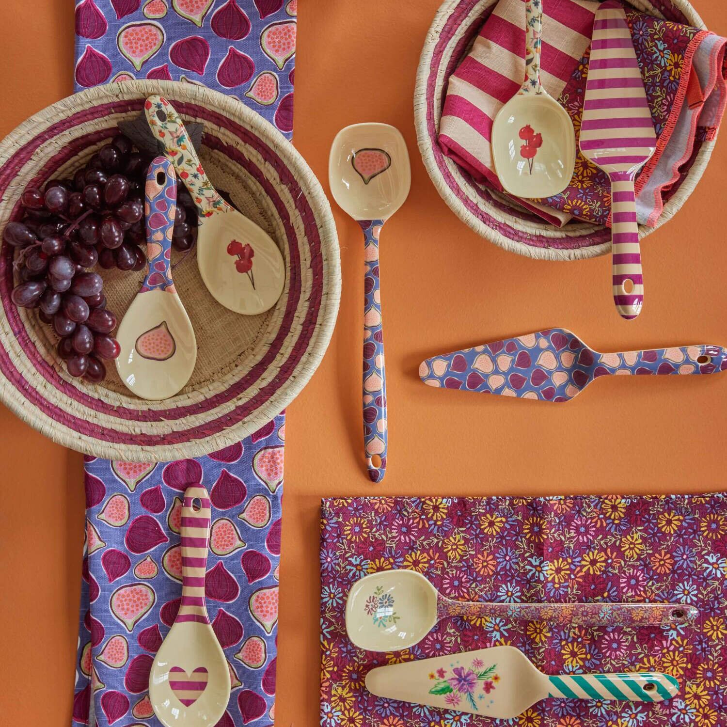 Brotkorb rund "Raffia - Stripes" im 2er-Set - S & M (Aubergine)