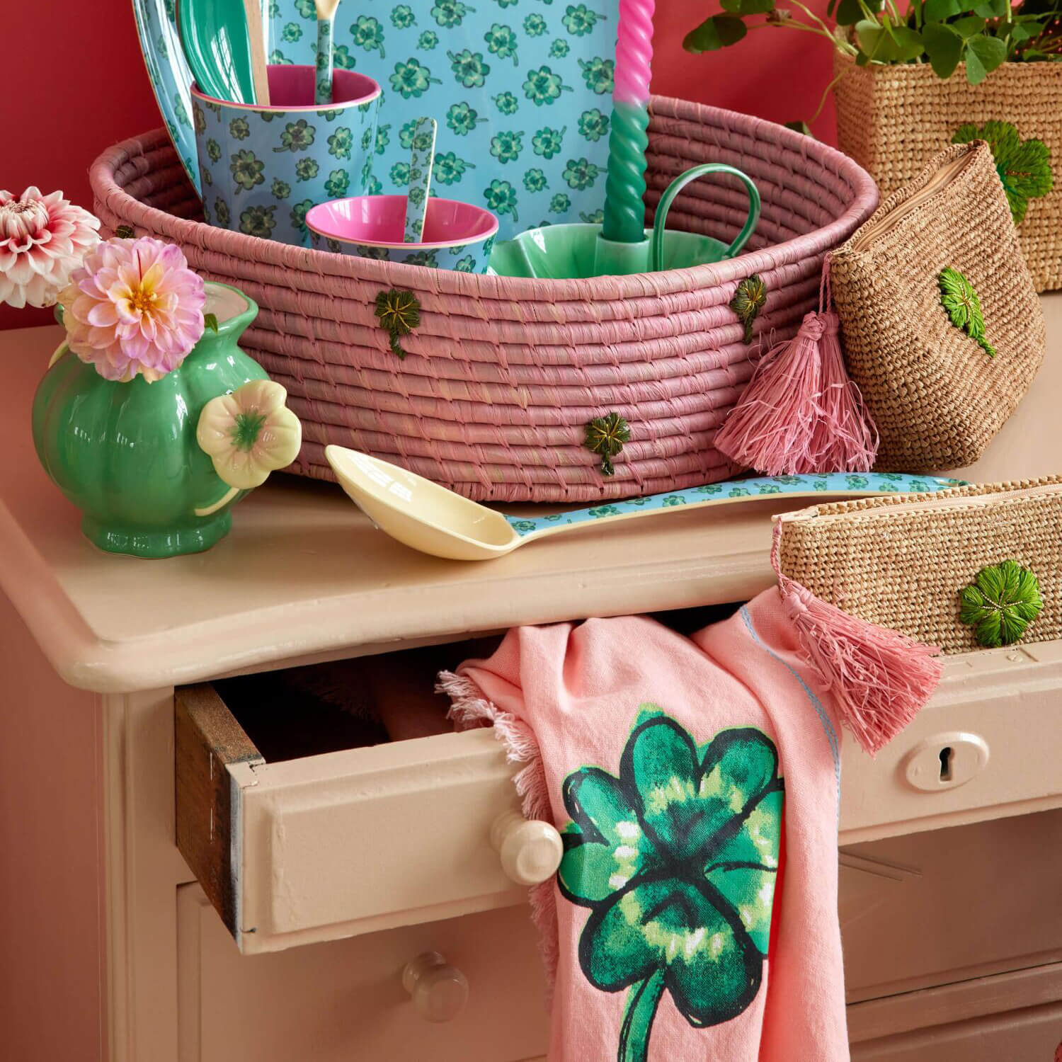 Clutch "Raffia - Clover" - 20x6x11 cm (Rose/Tea)