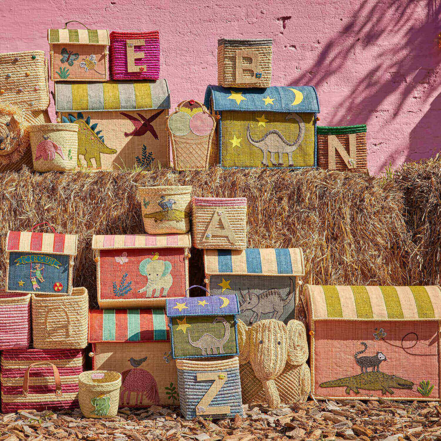 Runder Korb "Raffia - Animal" im 2er-Set - 20x19 cm (Natur/Bunt)