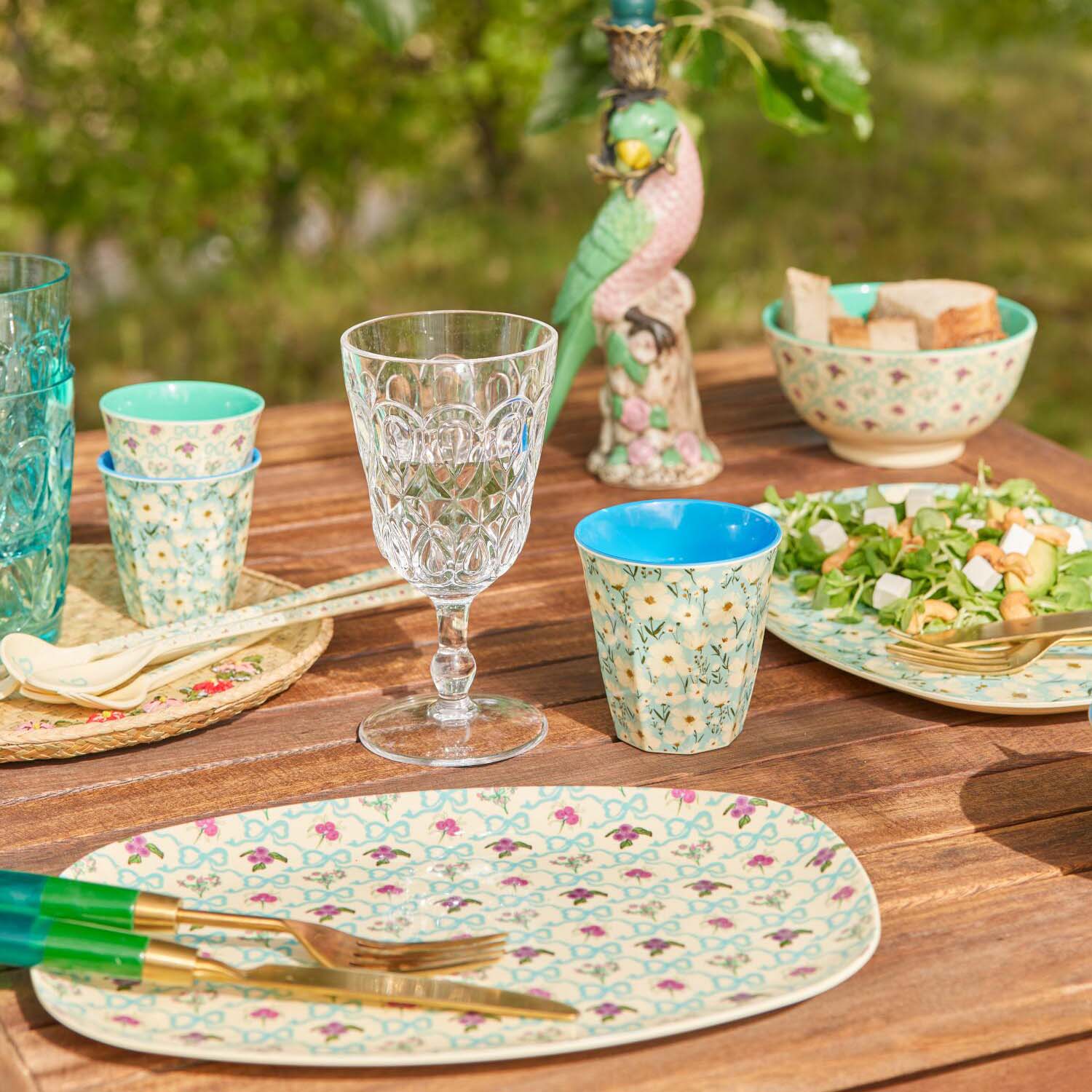 Melamin Platte rechteckig "Summer Bloom" - 30x22 cm (Creme/Blau)