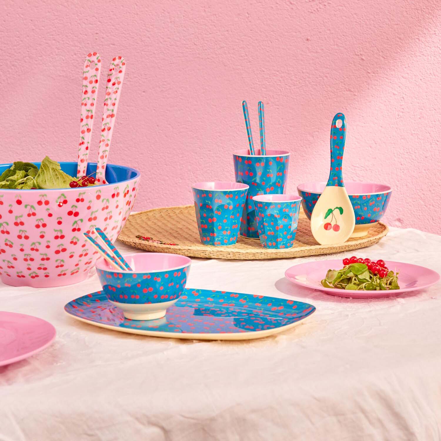 Melamin Platte rechteckig "Cherry Love" - 30x22 cm (Blau) Rice