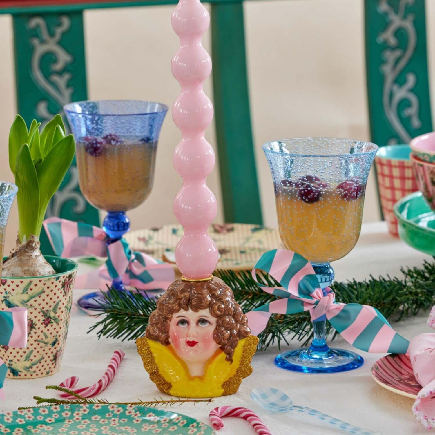 Keramik-Kerzenhalter mit Glitzerflügeln "Angel" (Gelb)