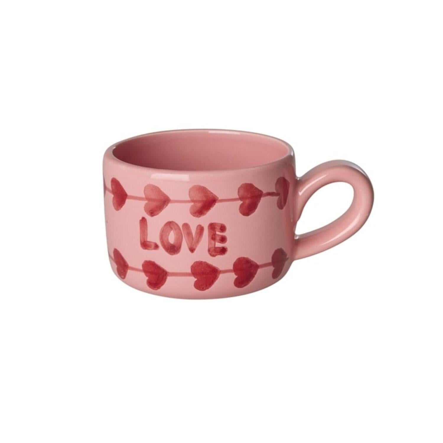 Rosa Keramik-Cappuccino-Tasse mit Schriftzug „LOVE“ und Herzmuster