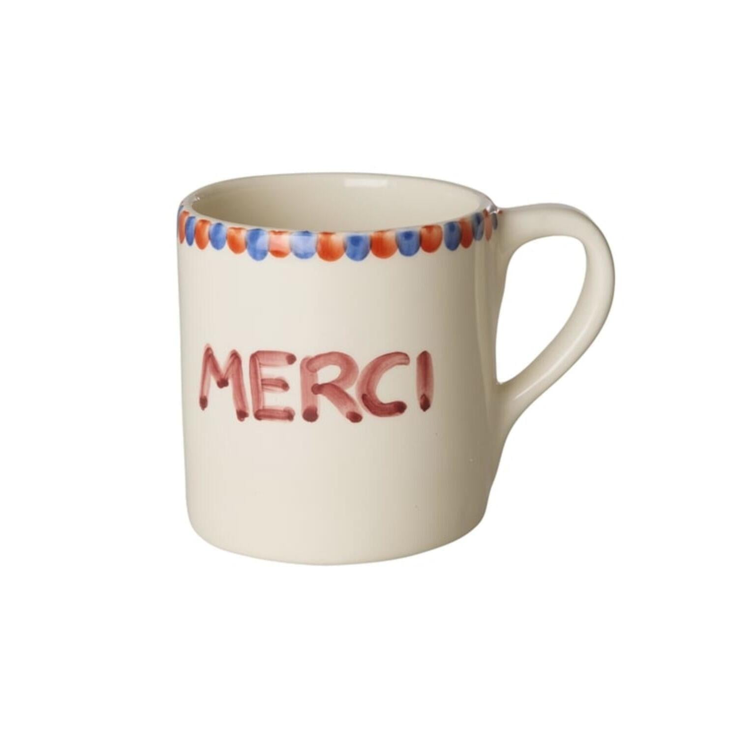 Keramiktasse mit Henkel, Schriftzug „MERCI“, rosa Bordüre am Rand