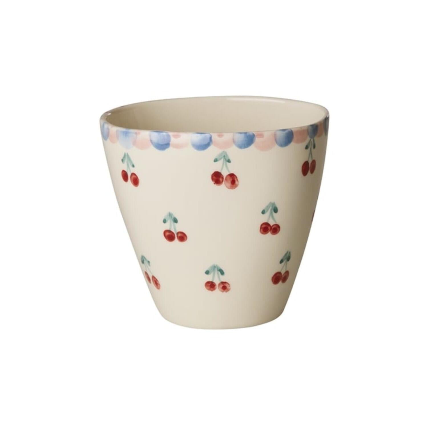 Keramiktasse mit Kirschenmotiv, cremefarben, bunt bedruckt
